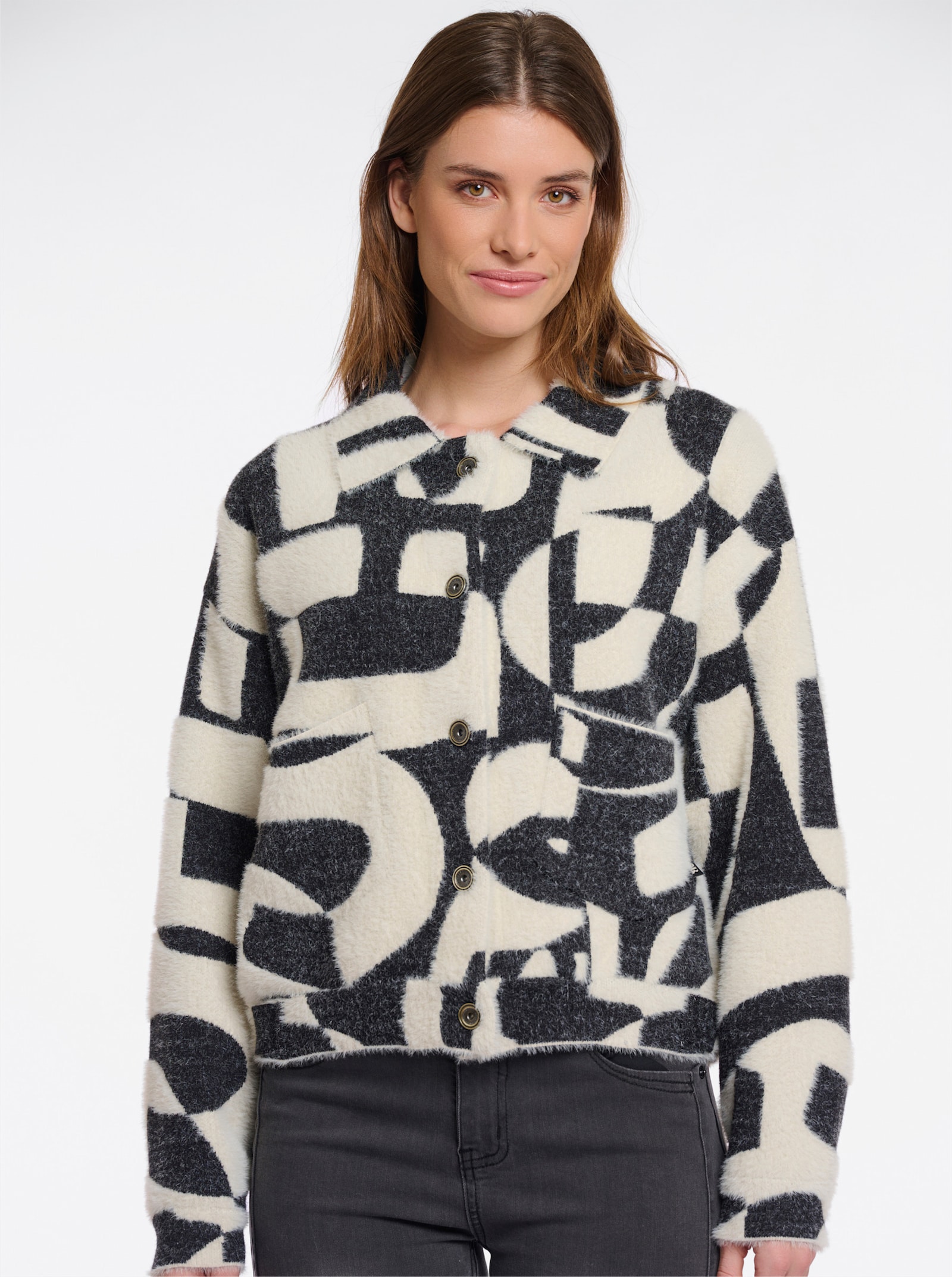 Rino & Pelle Strickjacke mit Jacquard-Dessin - schwarz-ecru-gemustert