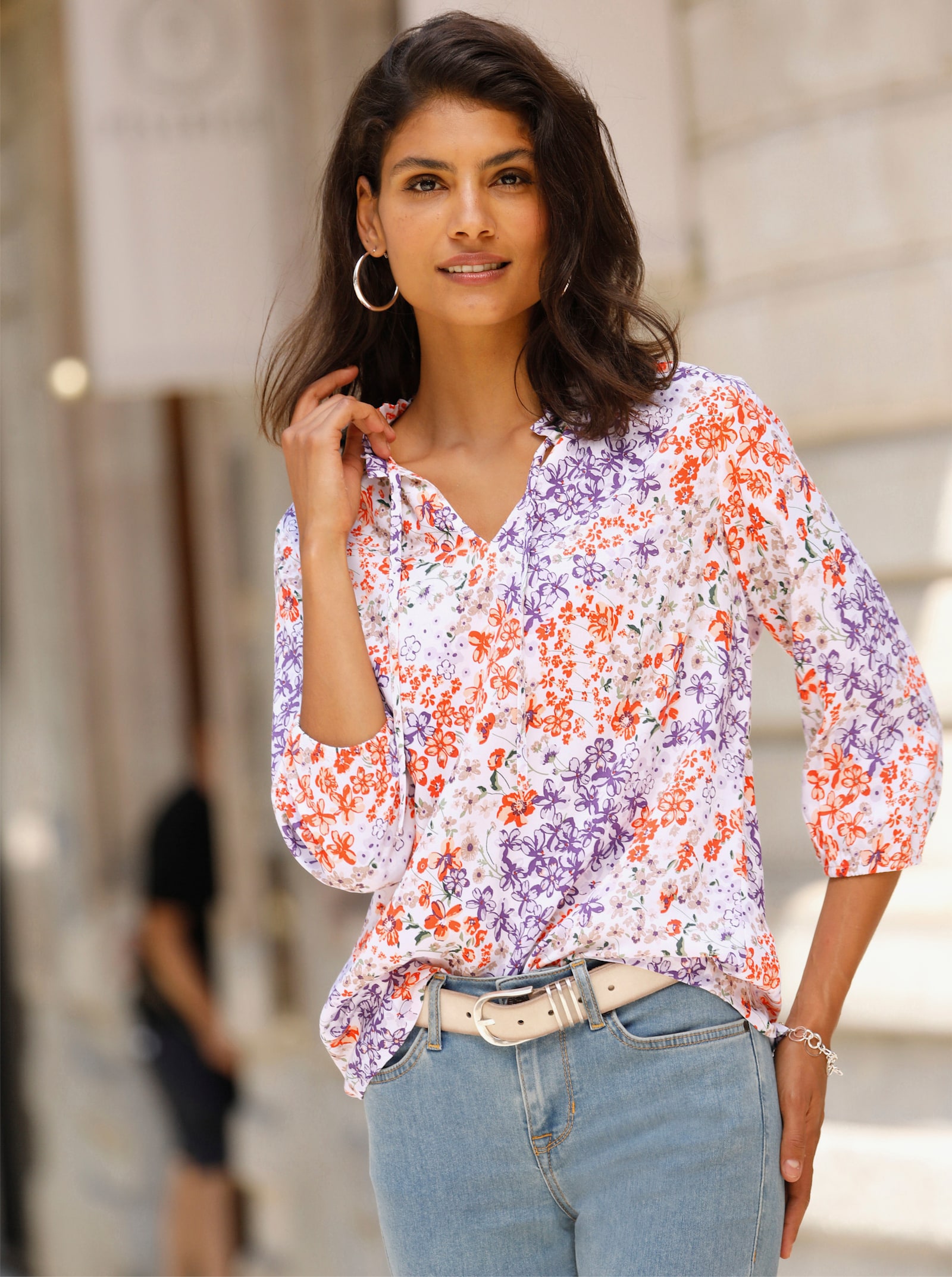 Comfortblouse met ruches - ecru/lila bedrukt