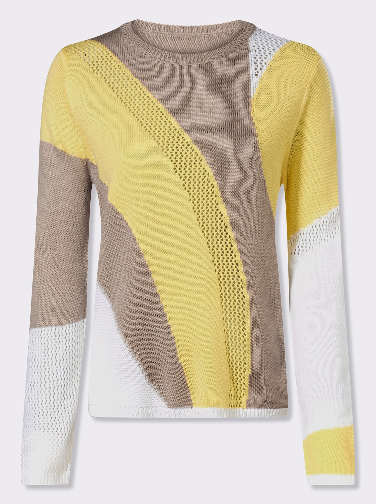 Ajourpullover mit Intarsien-Strickmuster - weiß-zitrone-gemustert