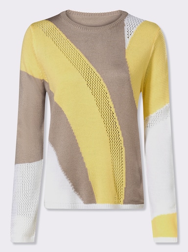 Ajourpullover met gebreid intarsiapatroon - wit/citroen gedessineerd