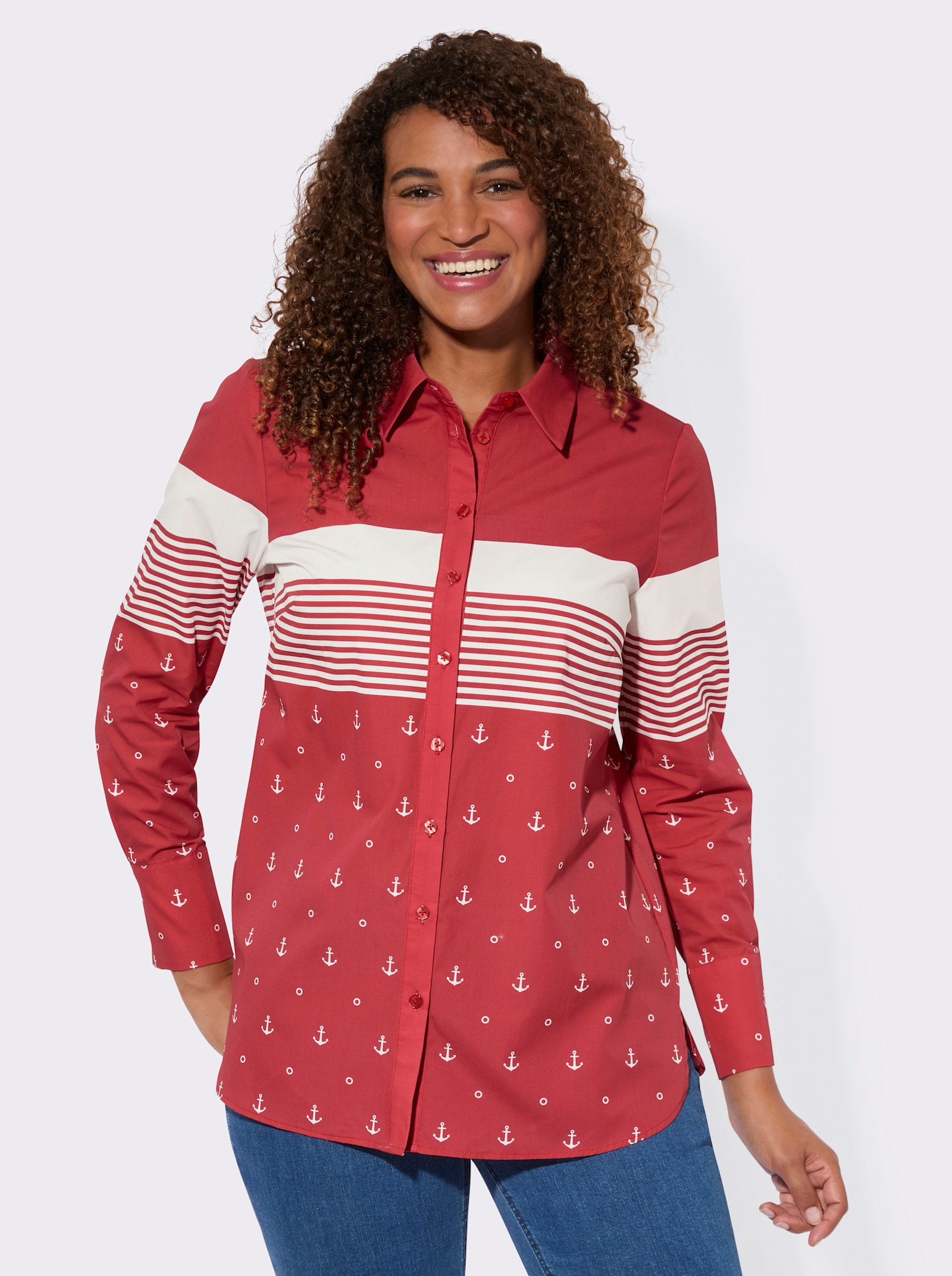 Langarm-Bluse mit Hemdkragen - erdbeere-weiß-gestreift
