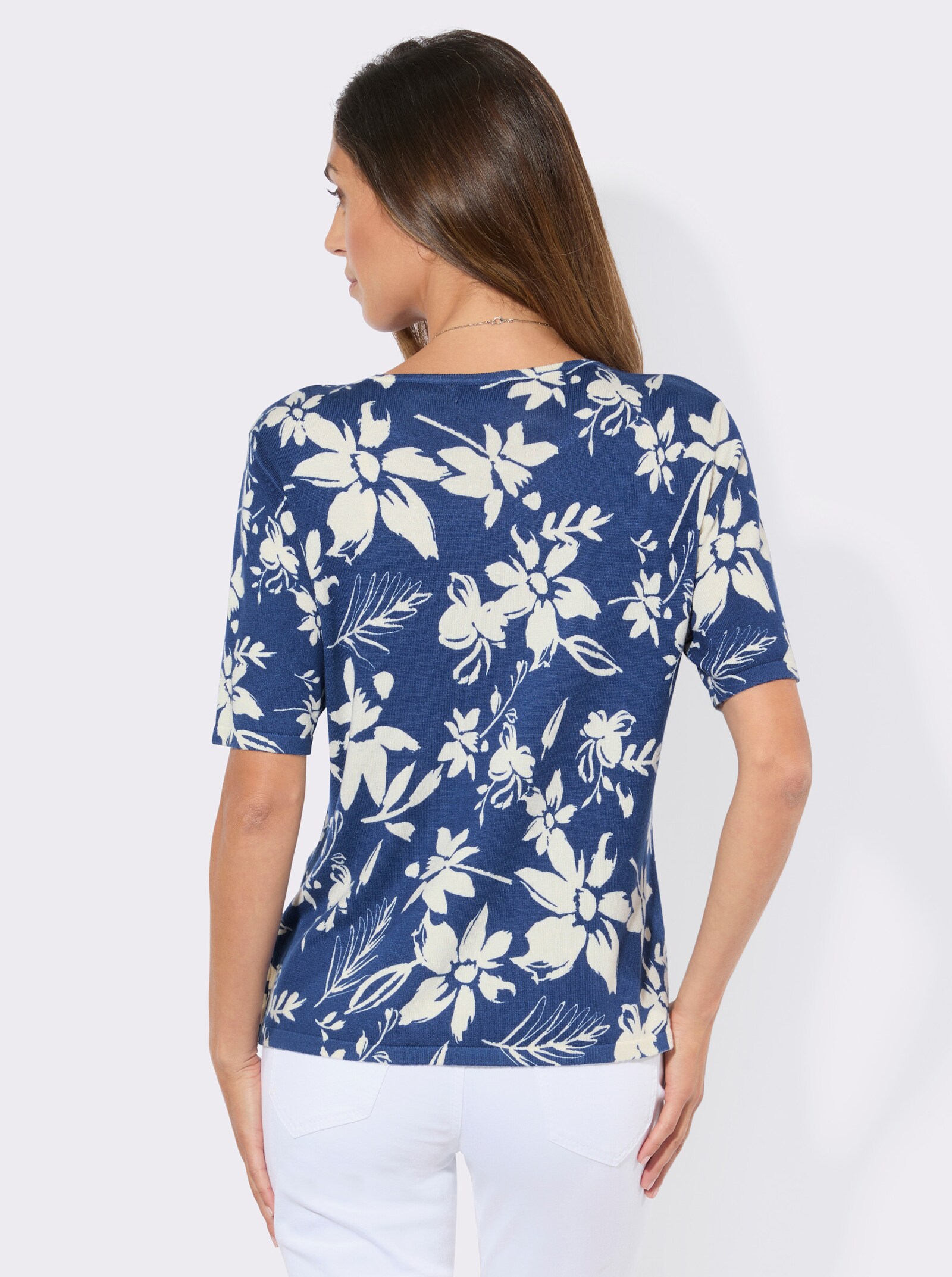 Kurzarmpullover mit floralem Druck - champagner-royalblau-bedruckt
