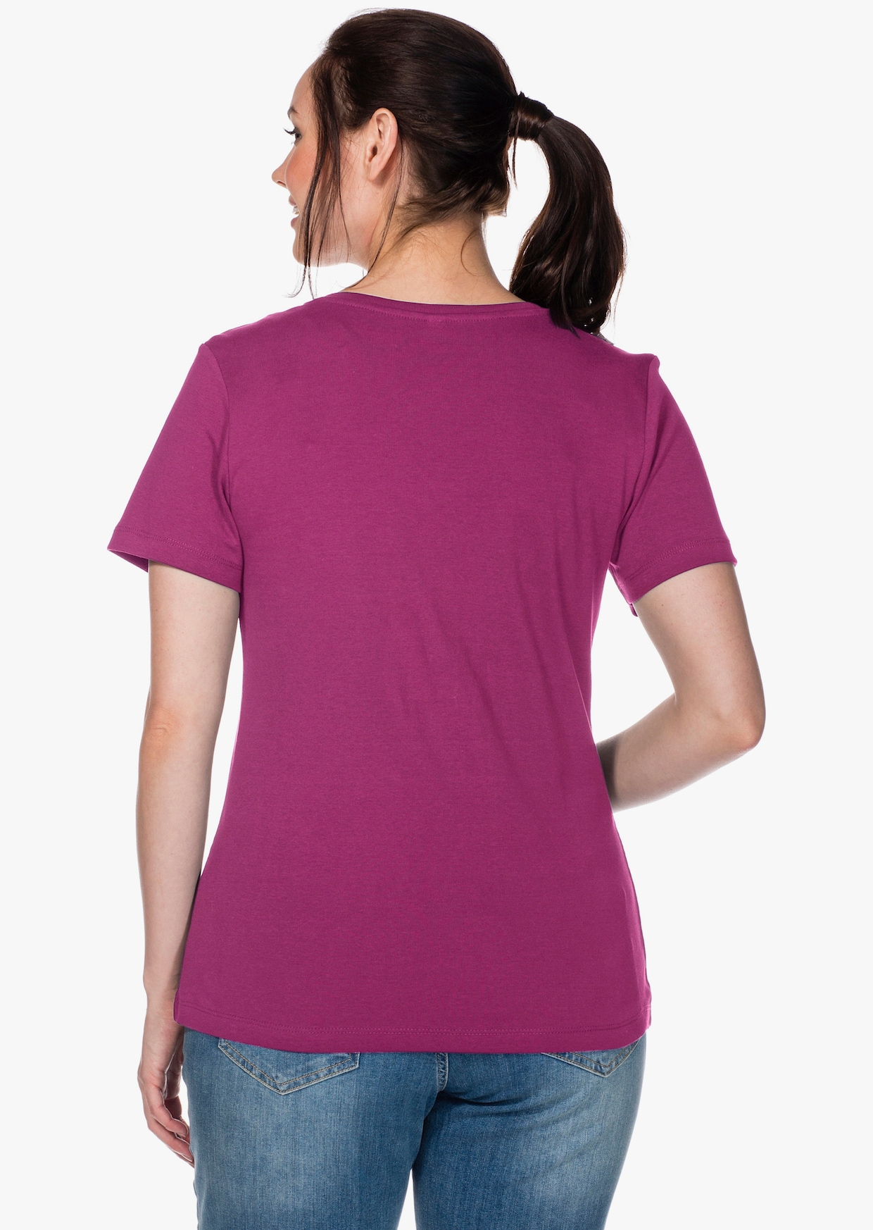 sheego T-Shirt mit V-Ausschnitt, Rippqualität - magenta