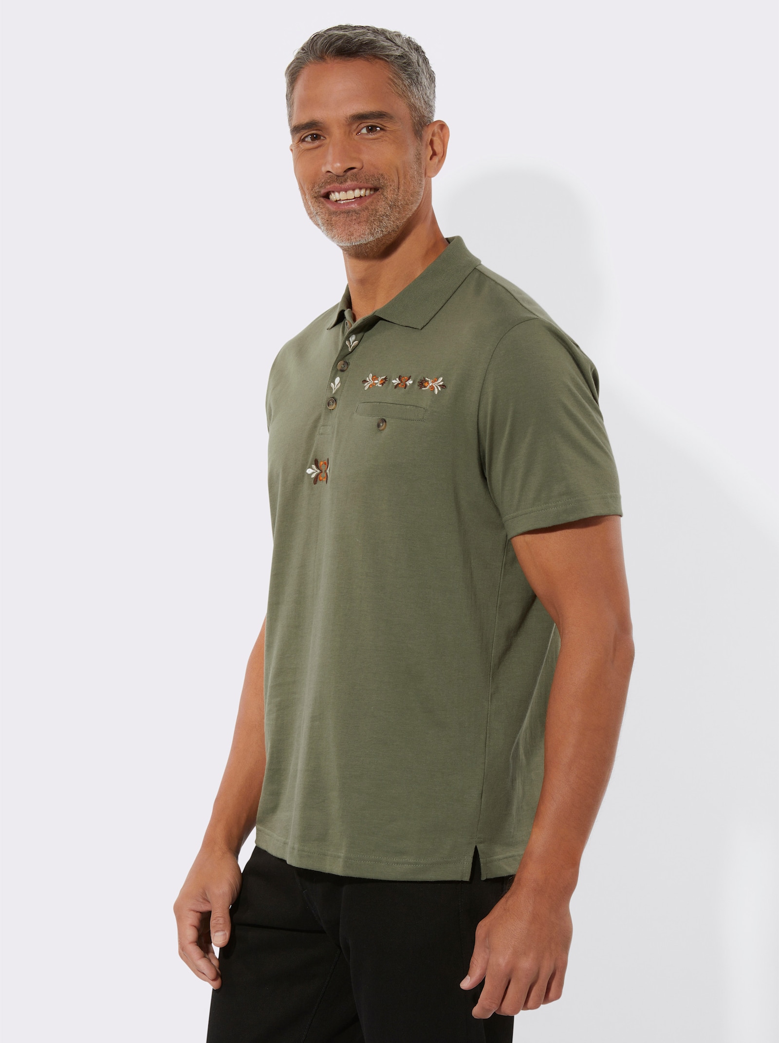 Poloshirt met folkloreborduursel - kaki