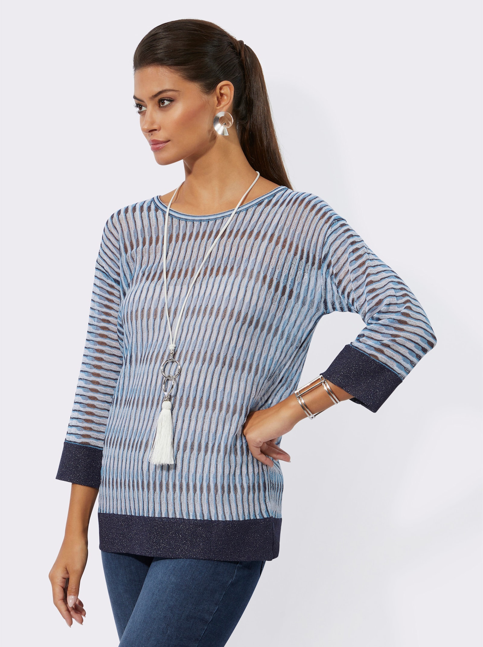 3/4 Arm-Pullover im Oversize-Stil - hellblau-mittelblau-gemustert