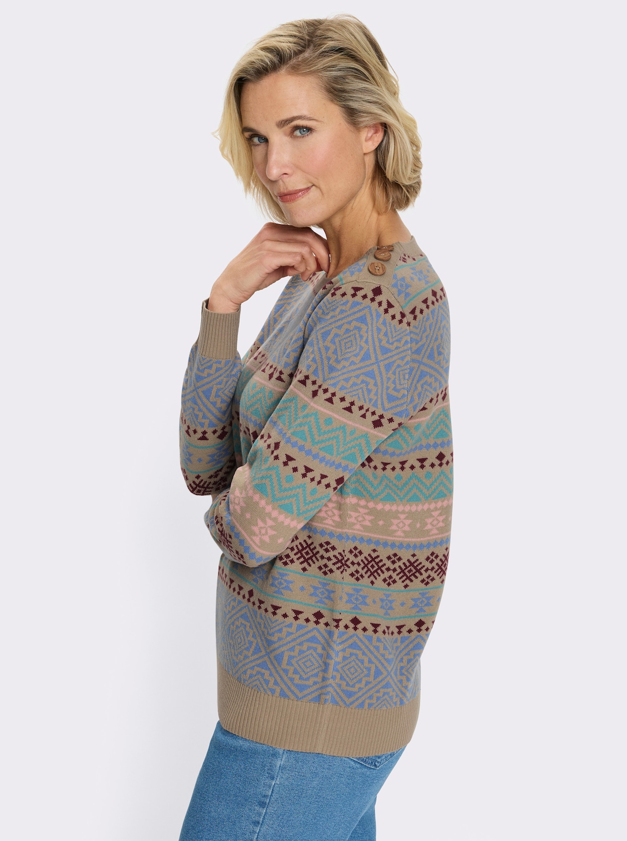 Pullover met ronde hals en sierknopen - sesam/bordeaux gedessineerd