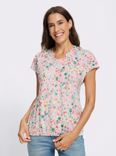 Print-Shirt mit Gummizug am Saum - ecru-flamingo-bedruckt