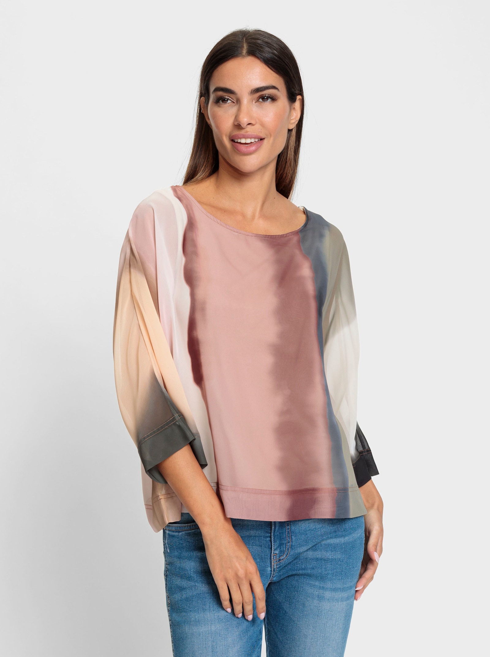 heine Blusenshirt mit fixiertem Untertop - khaki-rotbraun-bedruckt