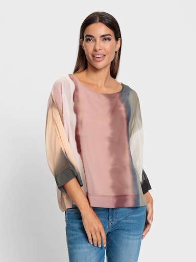 heine Blusenshirt mit fixiertem Untertop - khaki-rotbraun-bedruckt