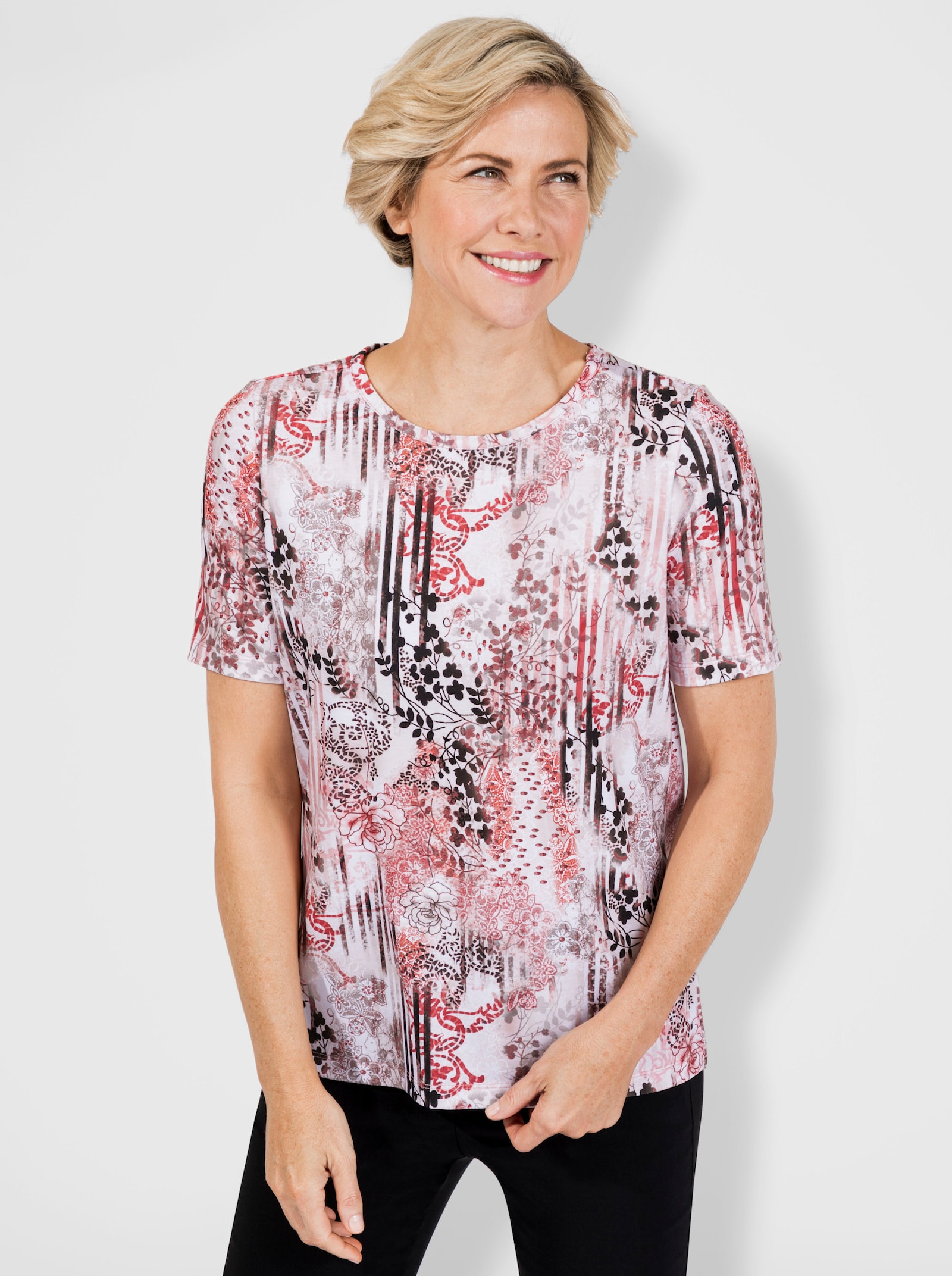 Shirt met ronde hals en korte mouwen - koraal-grafiet bedrukt