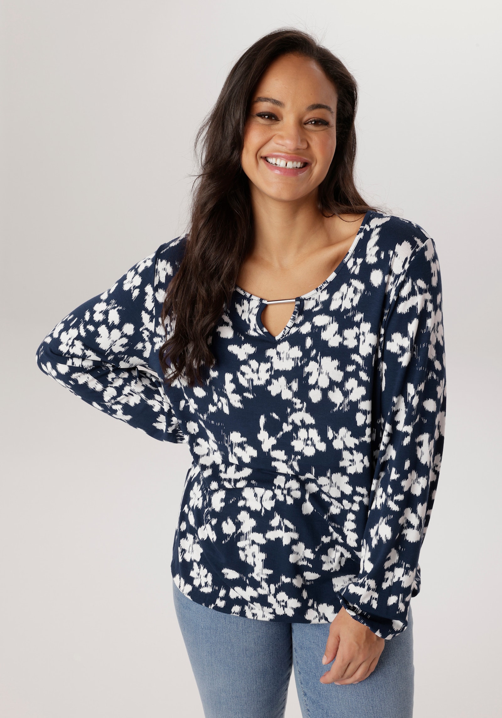 Aniston PLUS Langarmshirt - weiß-blau