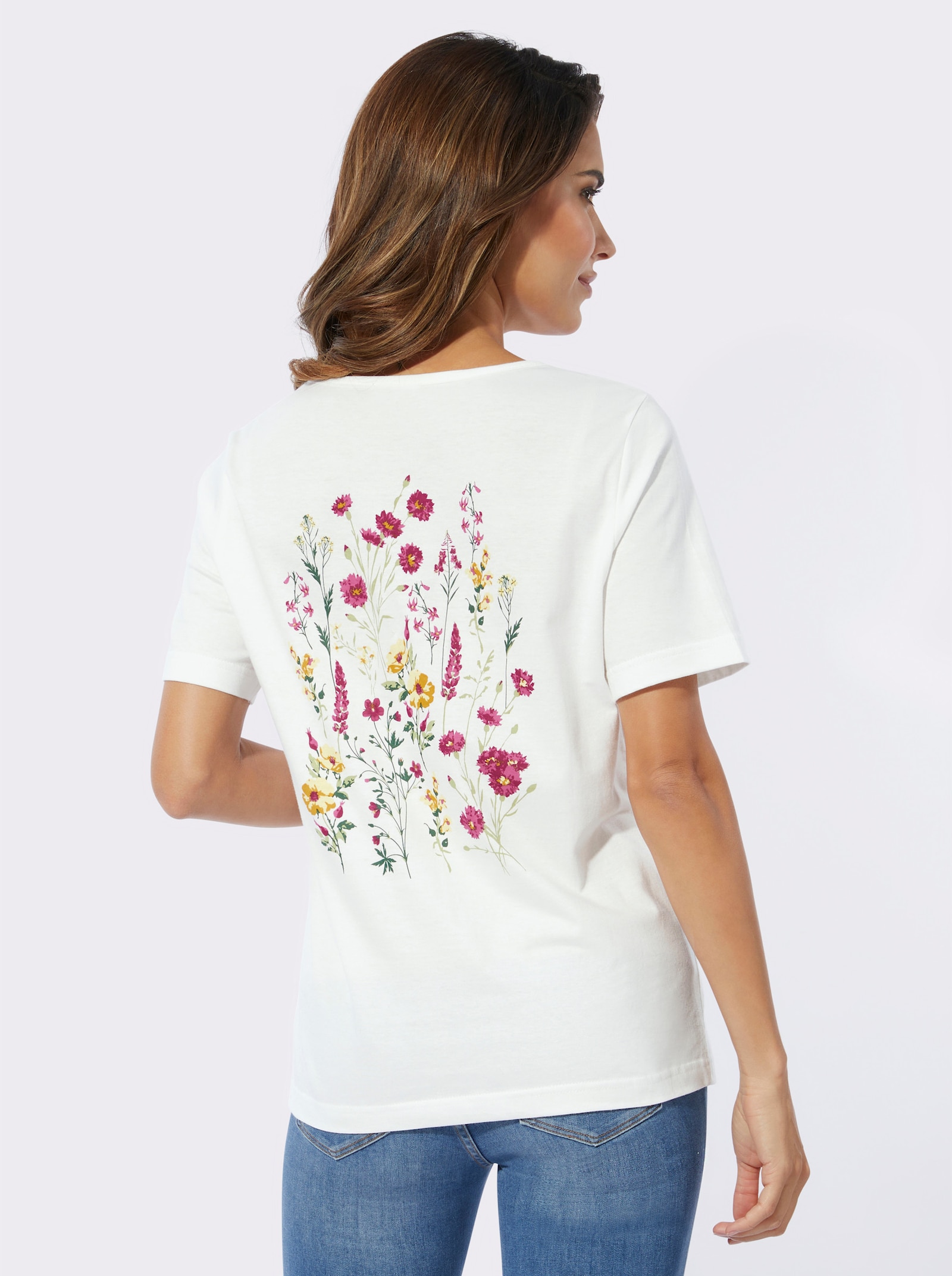 Kortärmad topp med blommiga tryck - gräddvit