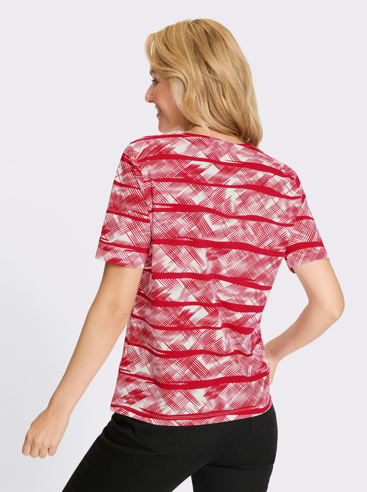 Kurzarmshirt - rot-ecru-bedruckt