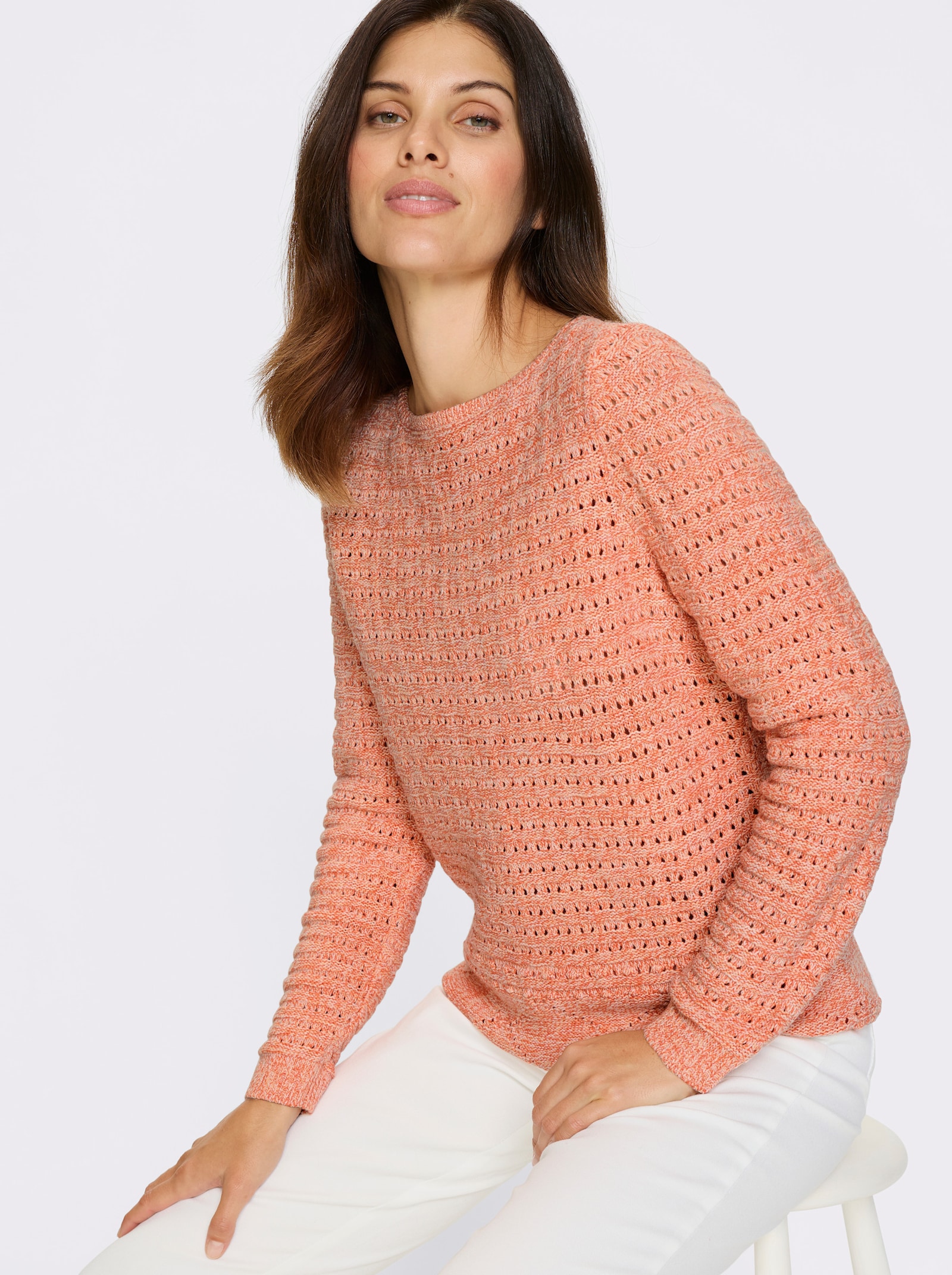 Ajourpullover in gemêleerde look - apricot/ecru gemêleerd