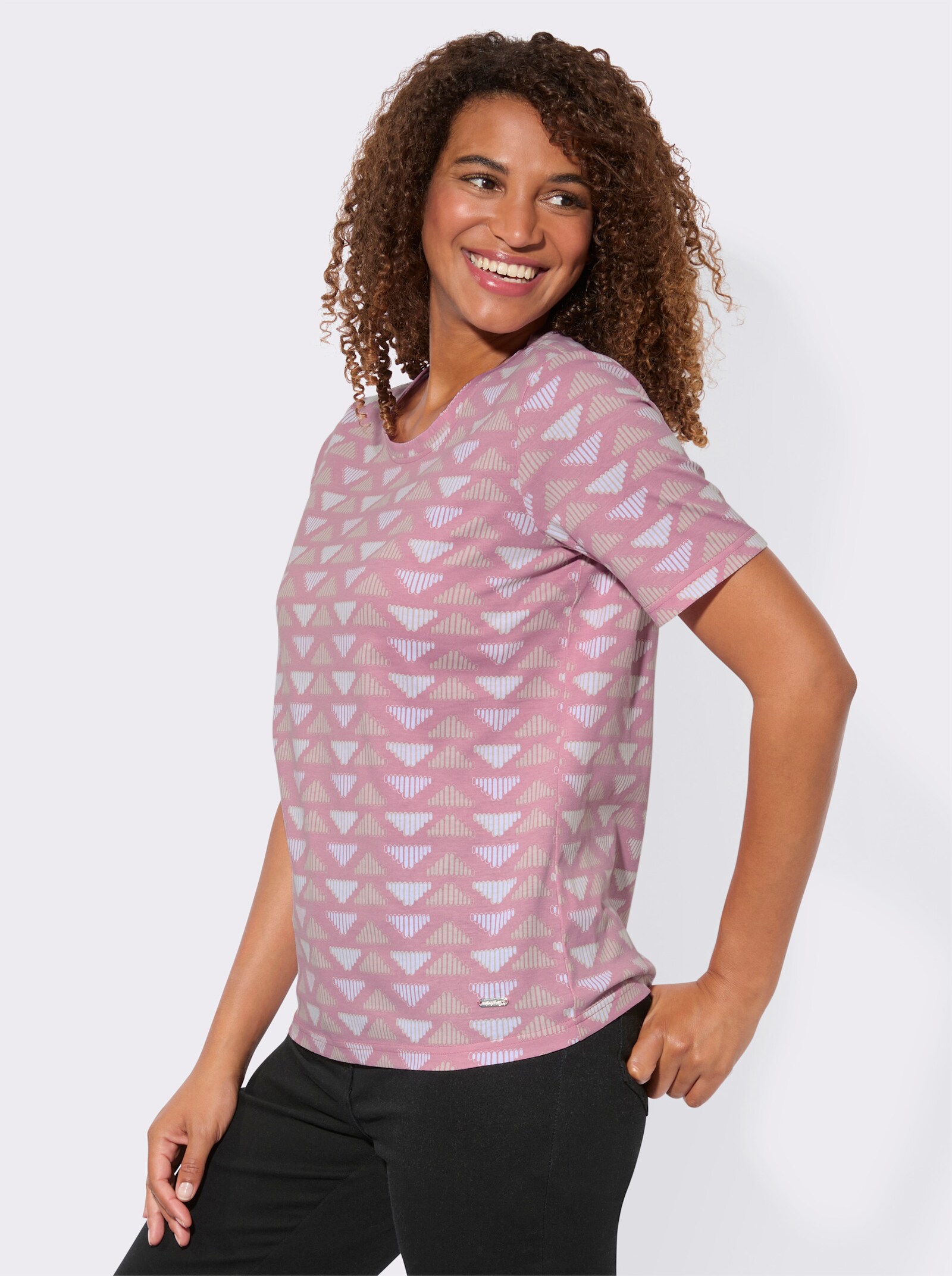 Kurzarmshirt aus reiner Baumwolle - altrosa-elfenbein-gemustert