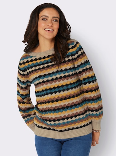 Langarm-Pullover mit Rauten-Muster, gestreift - sand-ocker-gemustert