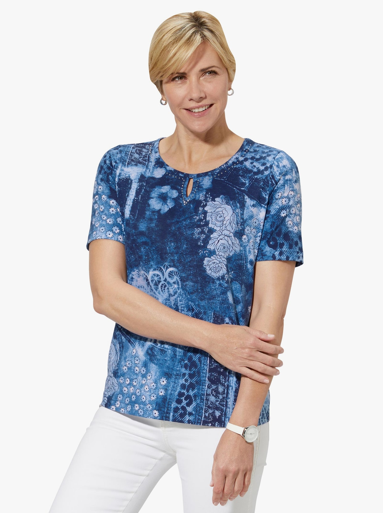 Shirt met korte mouwen - jeansblauw gedessineerd
