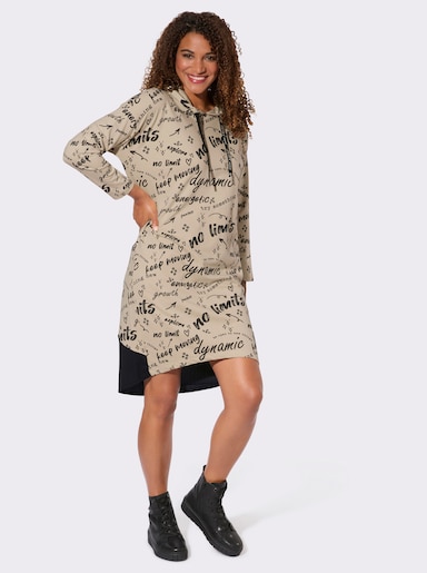 Hoodykleid mit Schriftzügen rundum - sand-schwarz-bedruckt