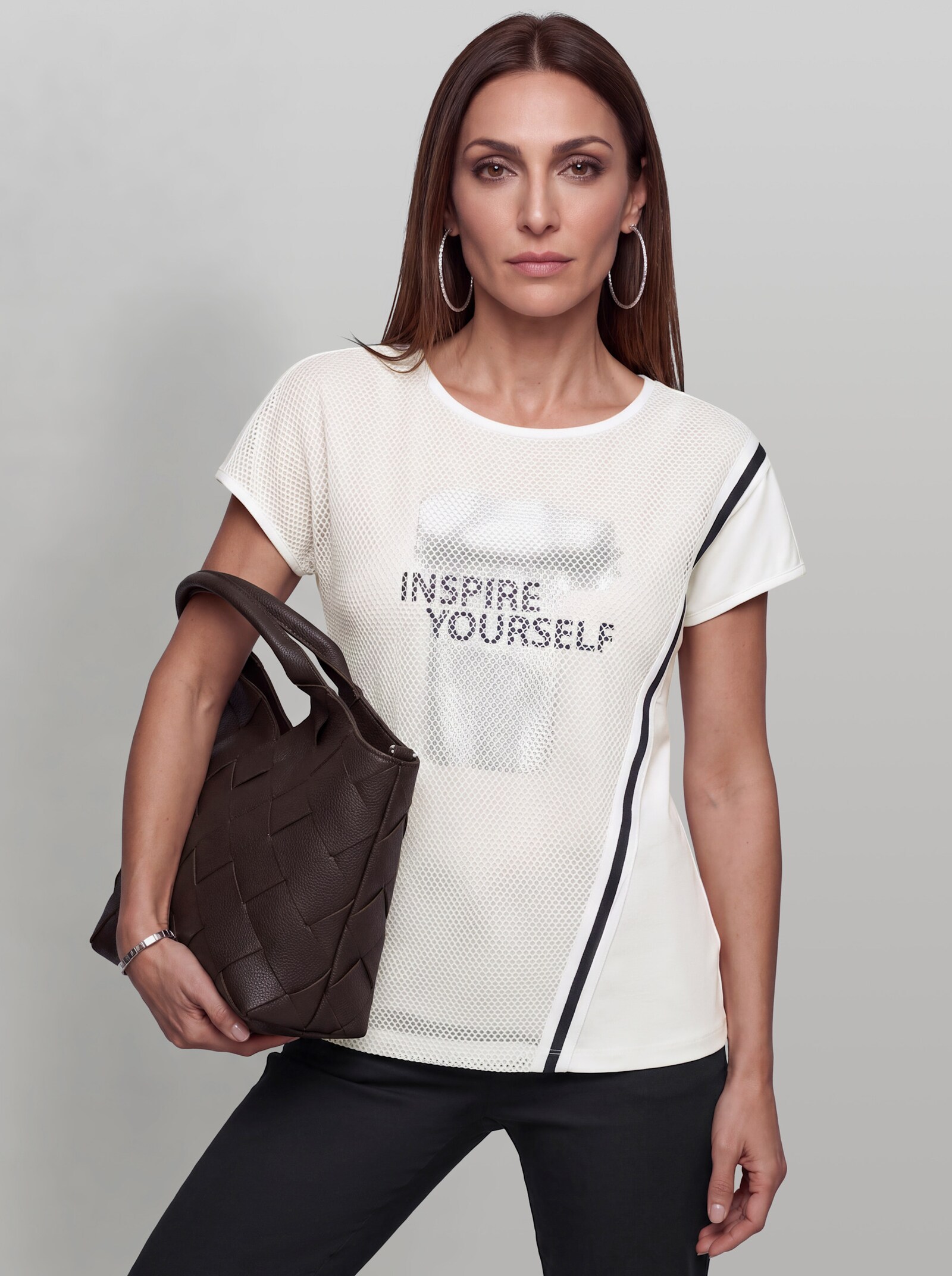 heine Kurzarmshirt mit Mesh-Einsatz - ecru-bedruckt