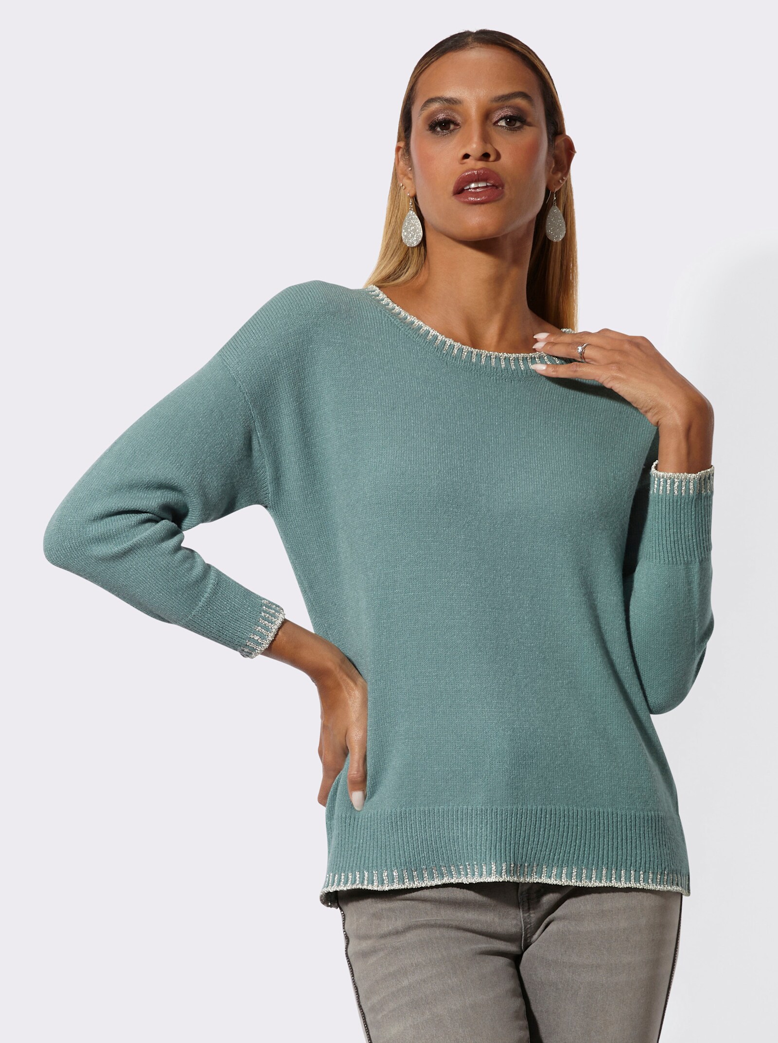 Langarm-Pullover mit Glanzgarn - jade