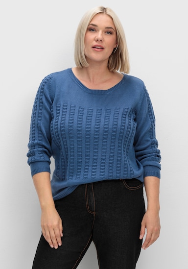 Langarm-Pullover mit 3D-Strickmuster - jeansblau