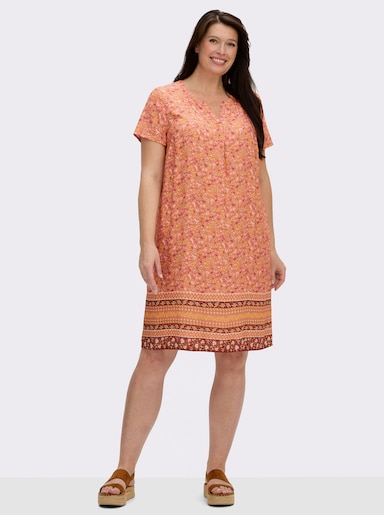 Druckkleid mit Blümchen- und Bordürenmuster - papaya-rotbraun-bedruckt