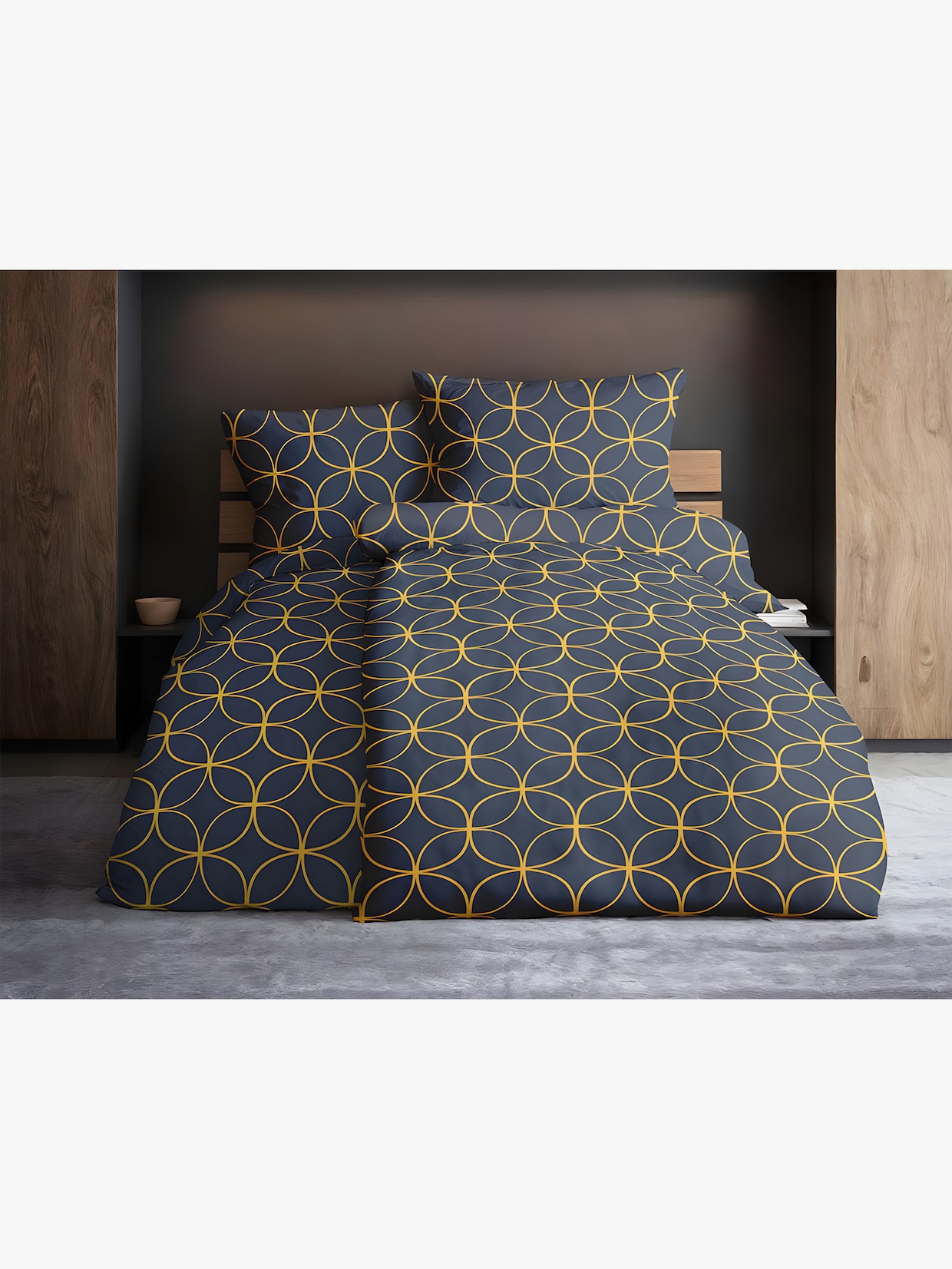 Grund Wendebettwäsche - marine-gelb-bedruckt