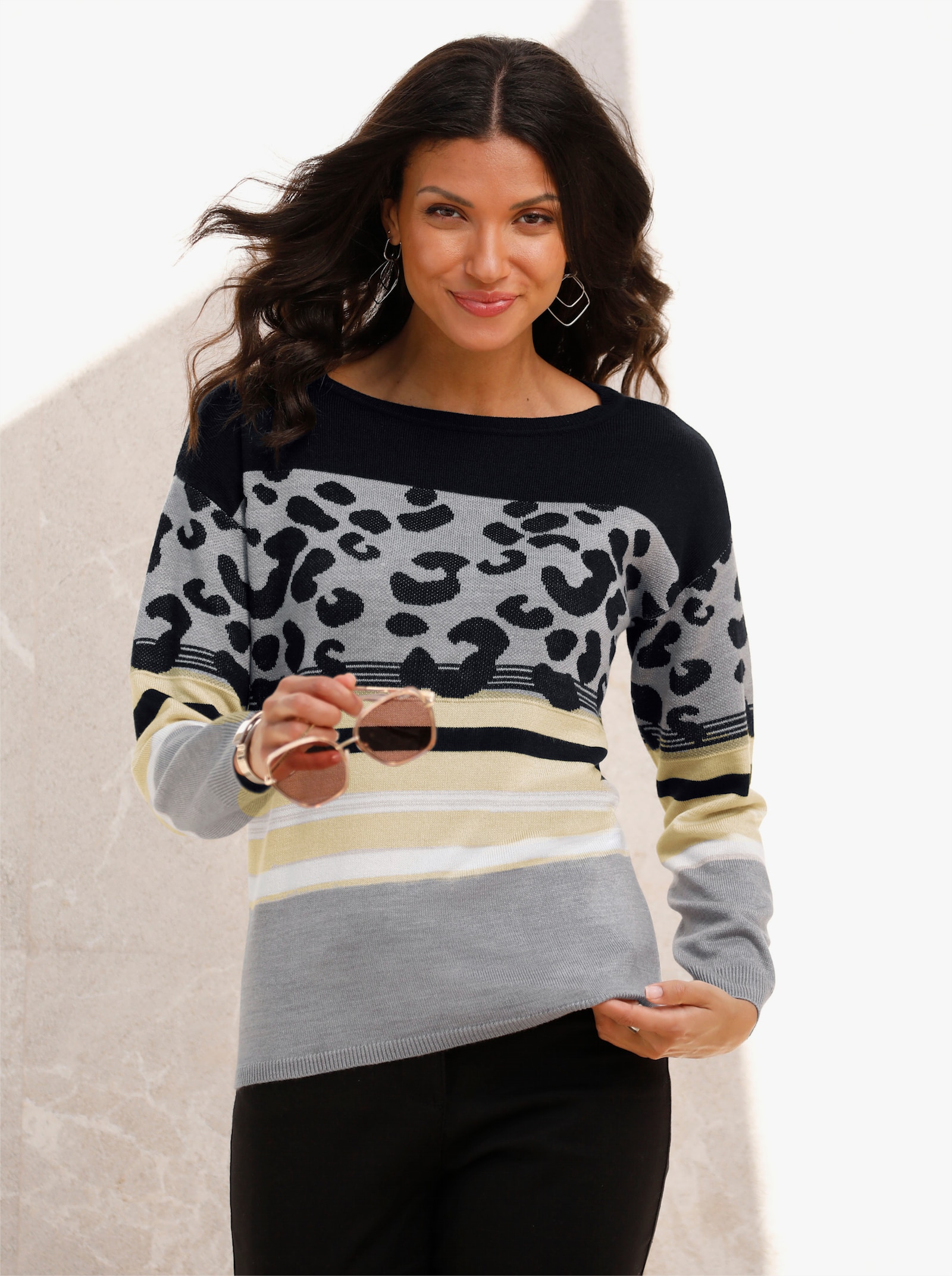 Rundhalspullover im Animal-Print, weich - schwarz-ecru-gemustert