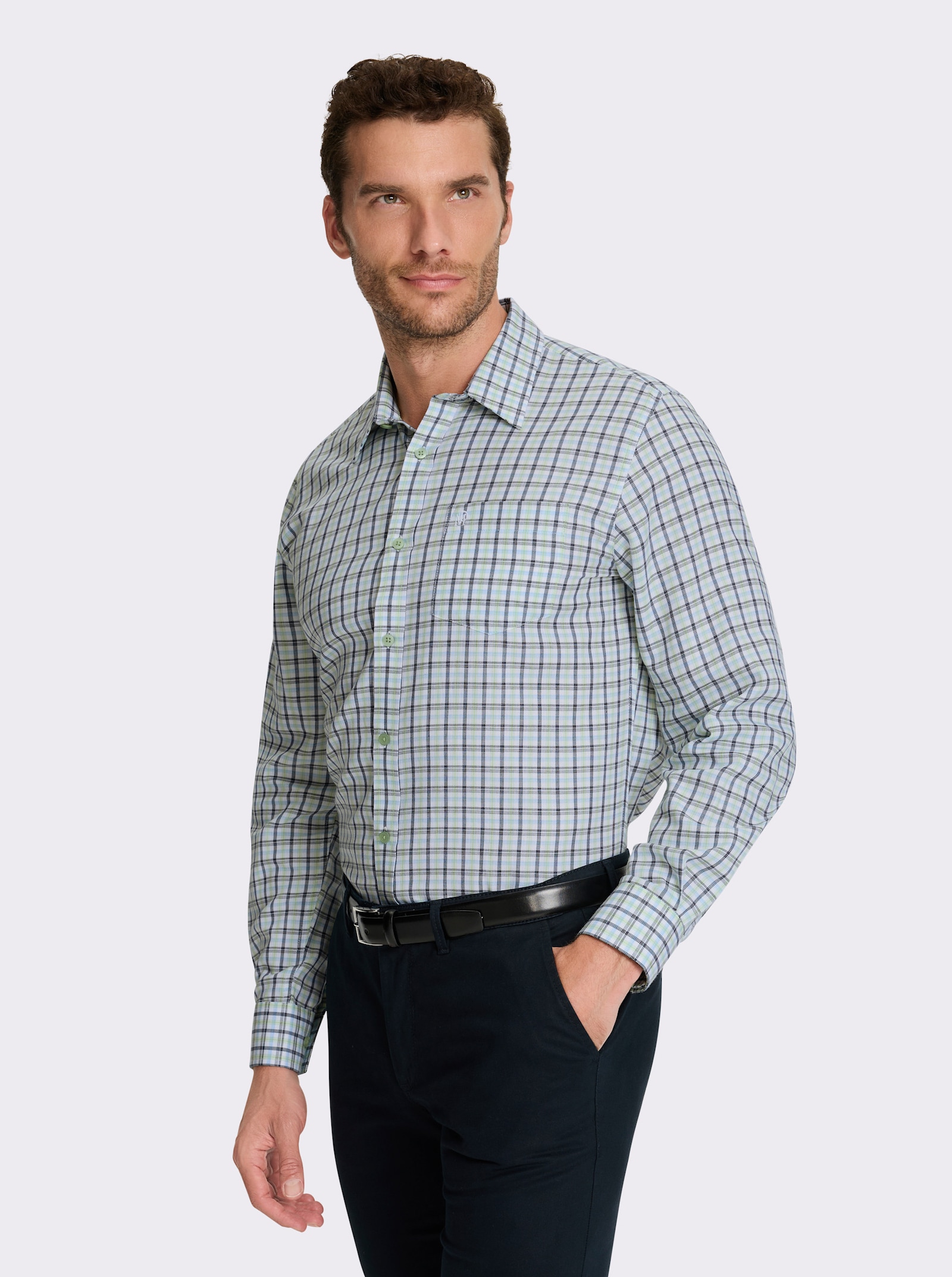 Marco Donati Langarmhemd in bügelfreier Popeline-Qualität - marine-reseda-kariert