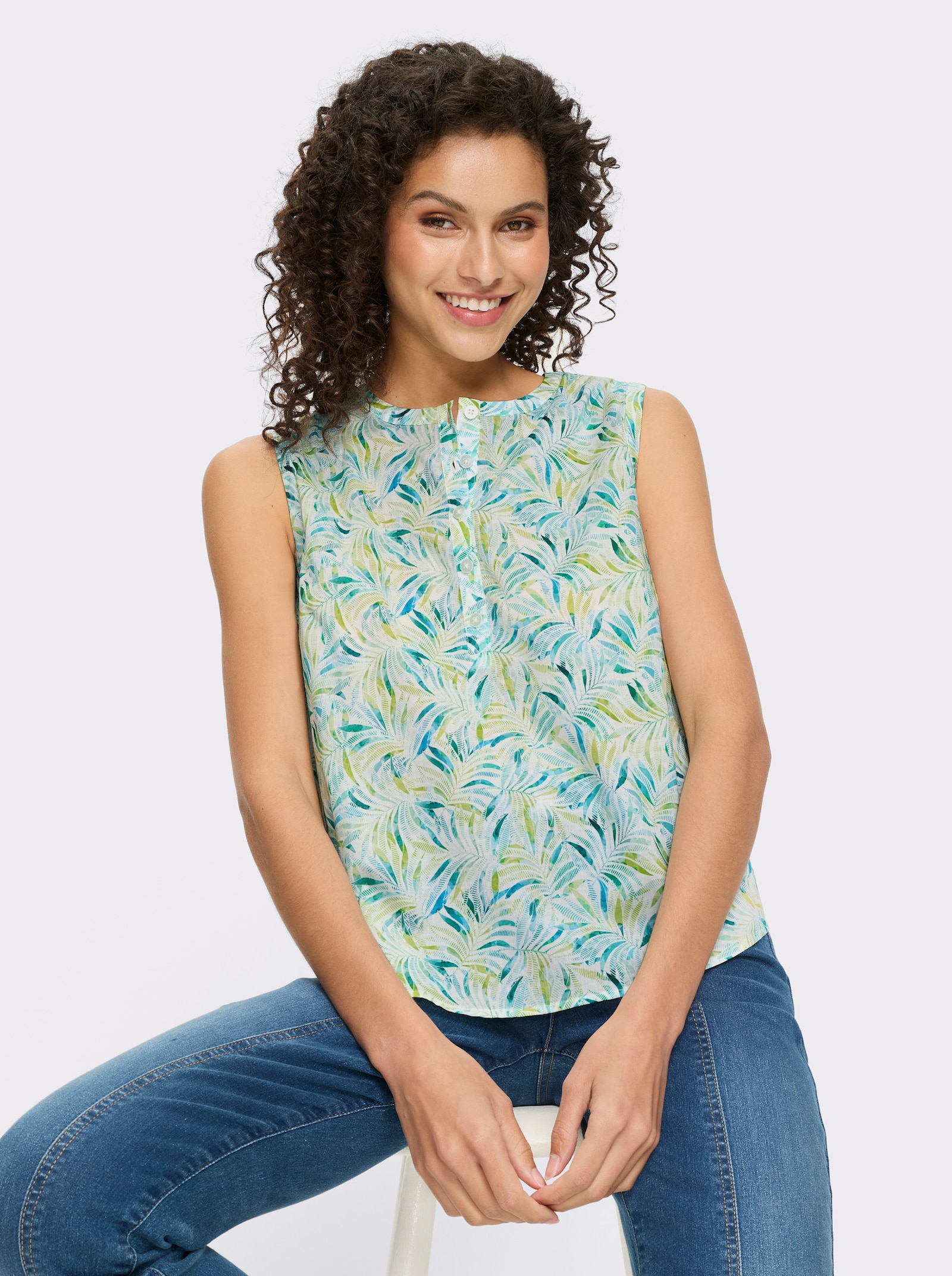 heine Blusentop mit Blätter-Print - limone-türkis-bedruckt