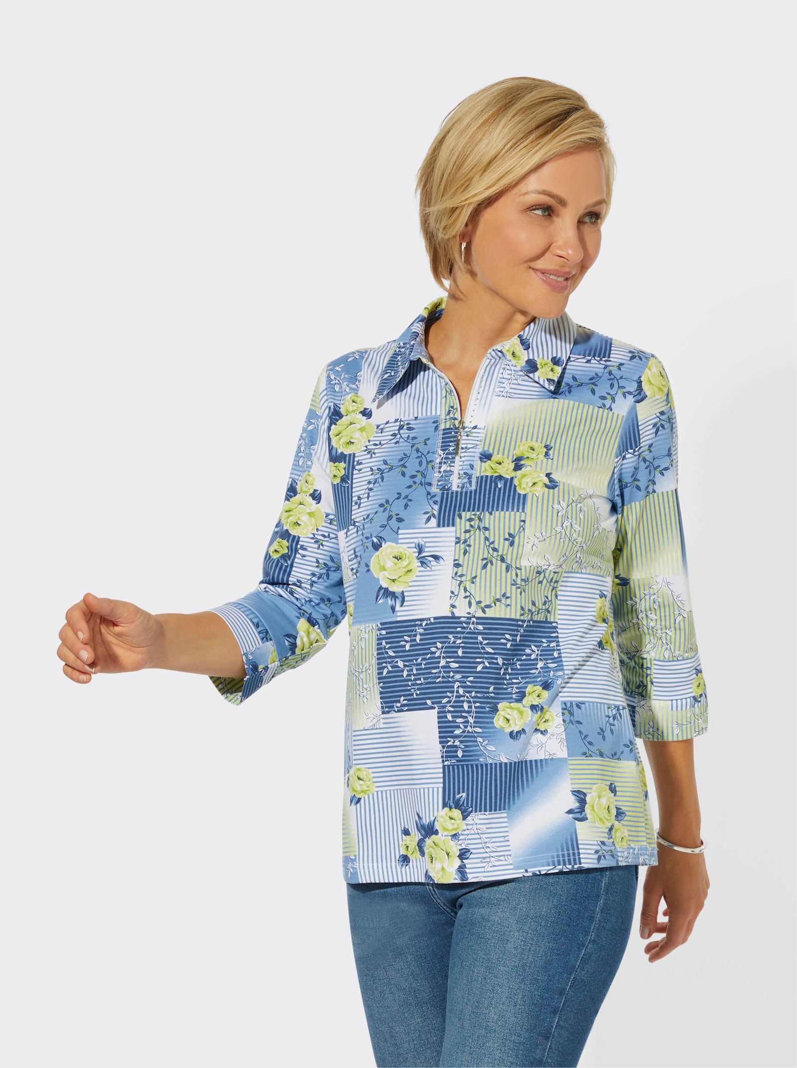 3/4-Arm-Shirt mit Glitzersteinchen - pistazie-mittelblau-bedruckt