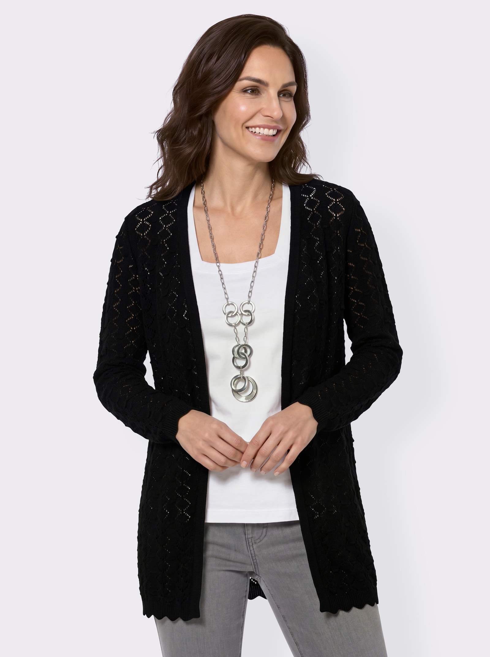 Longstrickjacke mit glattem Rückenteil - schwarz
