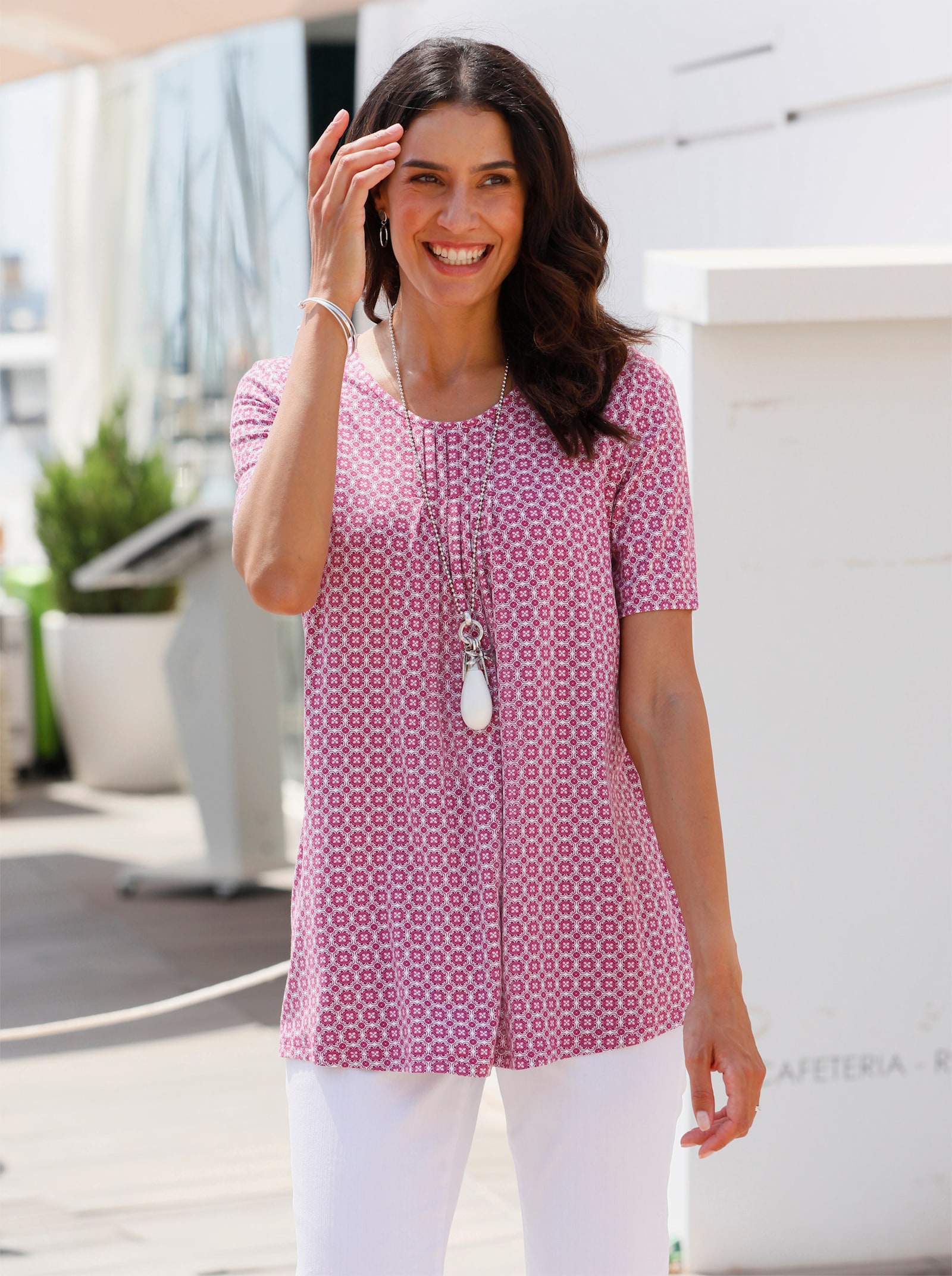 Tuniekshirt in A-lijn - heide/wit bedrukt