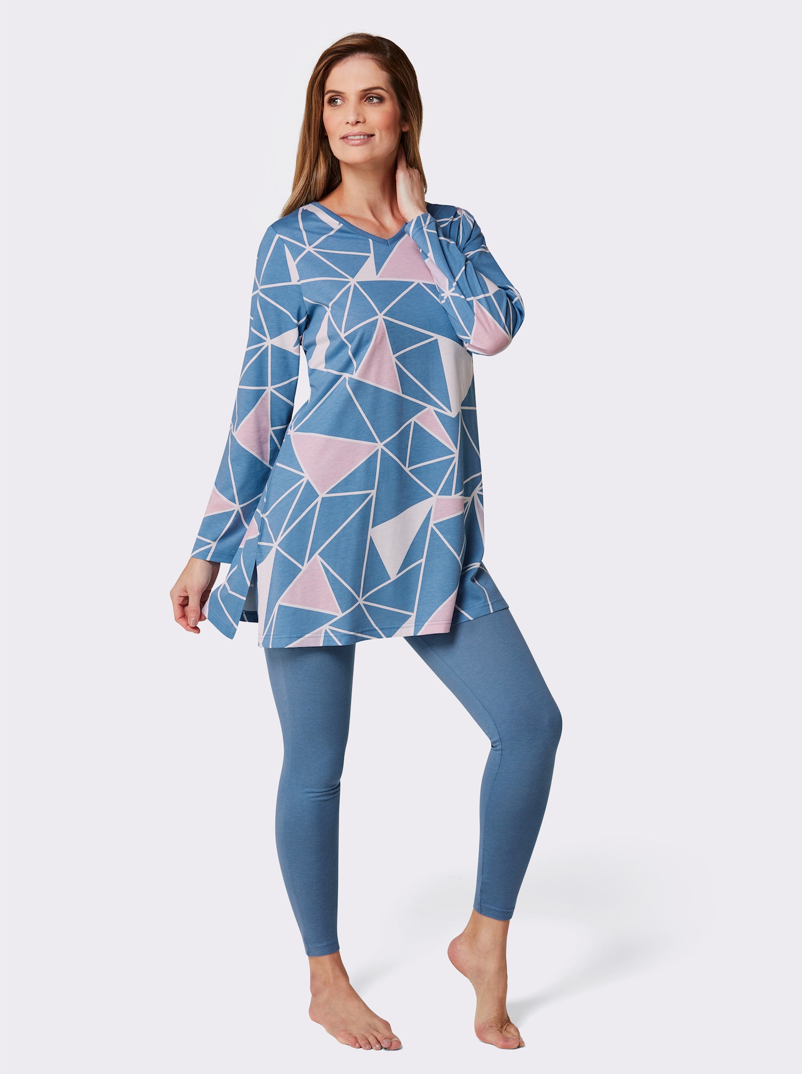 wäschepur Schlafanzug mit Tunika-Oberteil - mittelblau-rosé-bedruckt