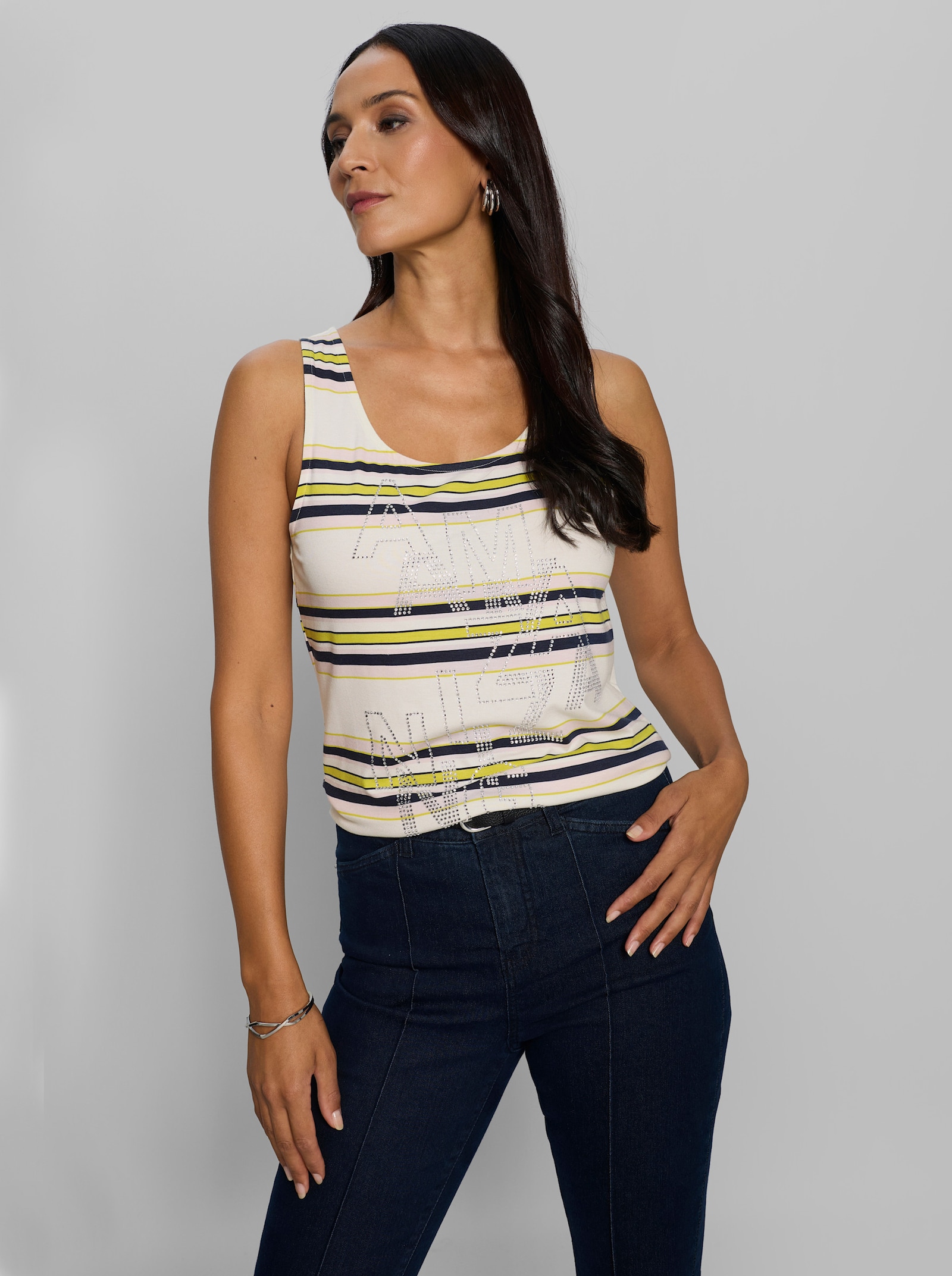 heine Shirttop mit Streifen und Glitzersteinen - ecru-marine-geringelt