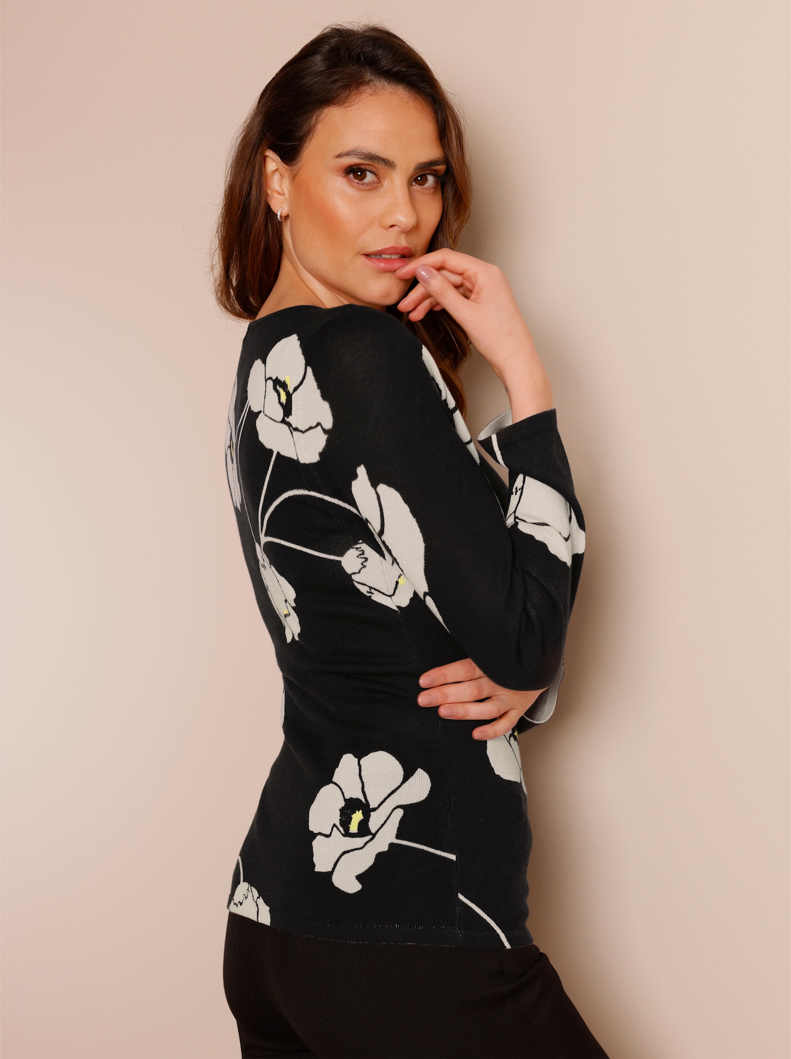 CREATION L PREMIUM Pullover van fijntricot in een mix van zijde en kasjmier - zwart/ecru geprint