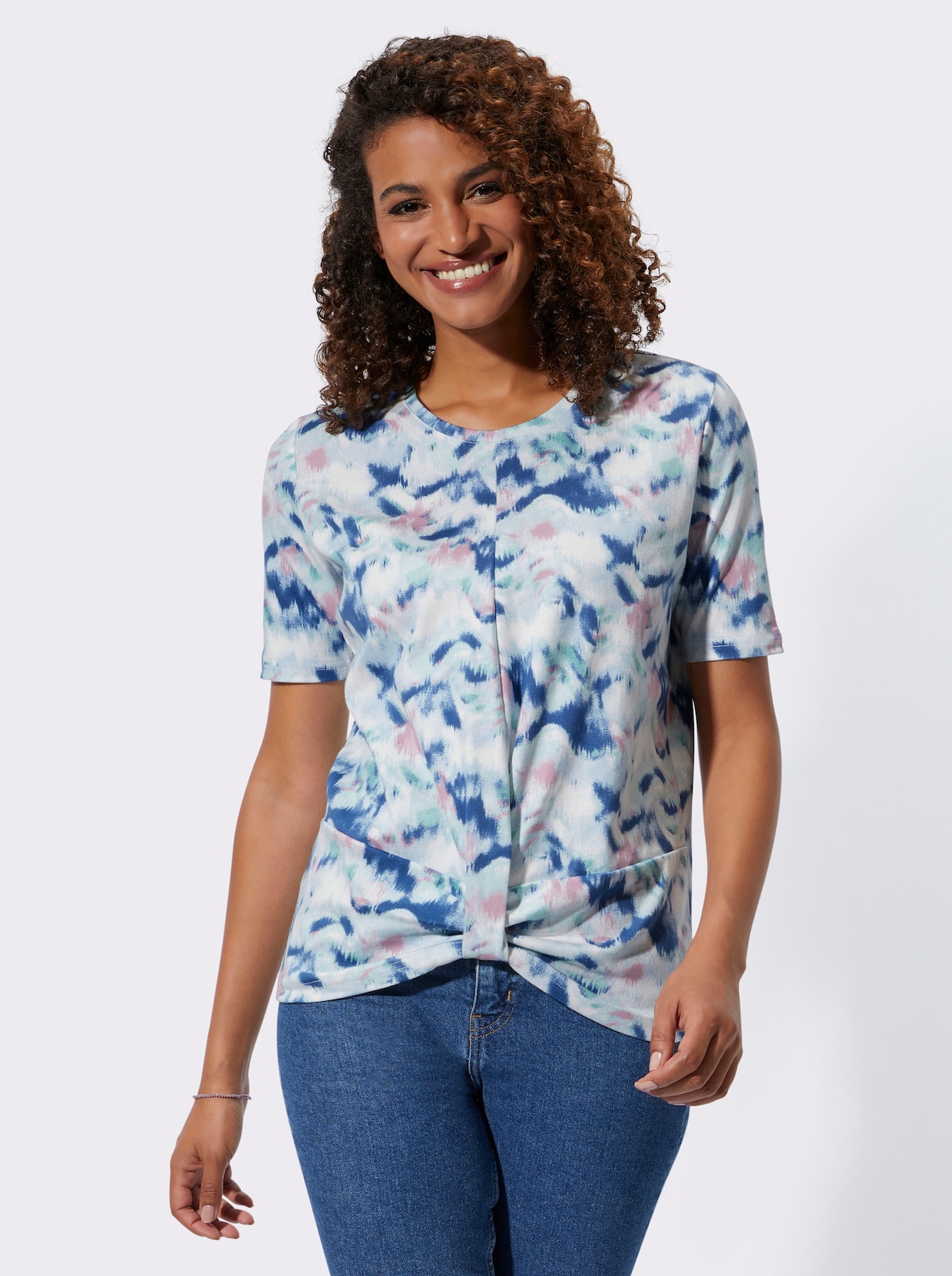 Shirt met korte mouwen - ecru/jeansblauw bedrukt