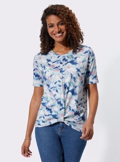 Kurzarmshirt mit Raffung am Saum - ecru-jeansblau-bedruckt