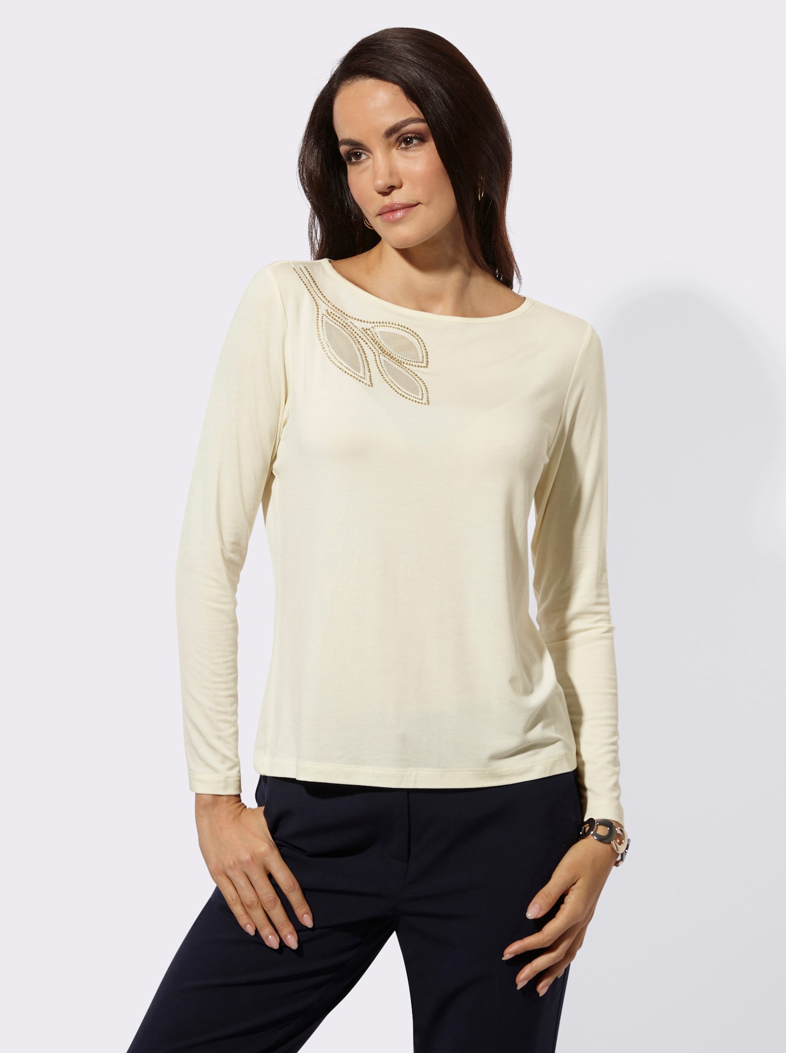 Langarmshirt mit Ziersteinchen - champagner
