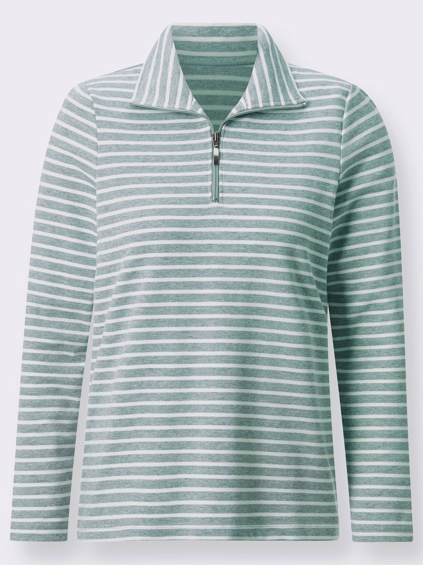 Langarmshirt mit Troyerkragen und Reißverschluss - jade-gestreift
