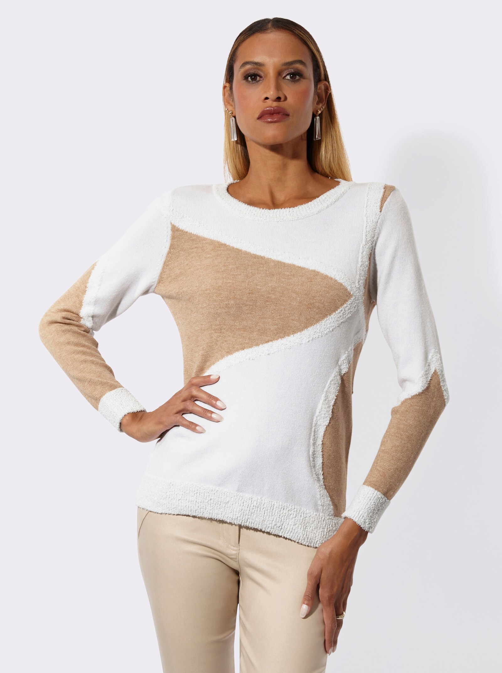 Langarm-Pullover - ecru-camel-meliert