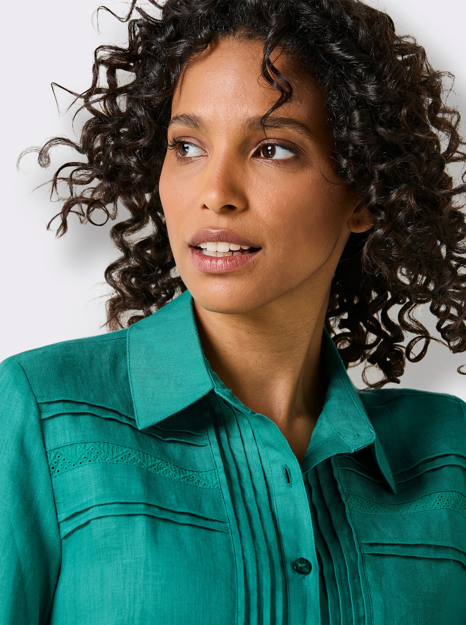 CREATION L PREMIUM Leinenbluse mit Spitze und Biesen - smaragd