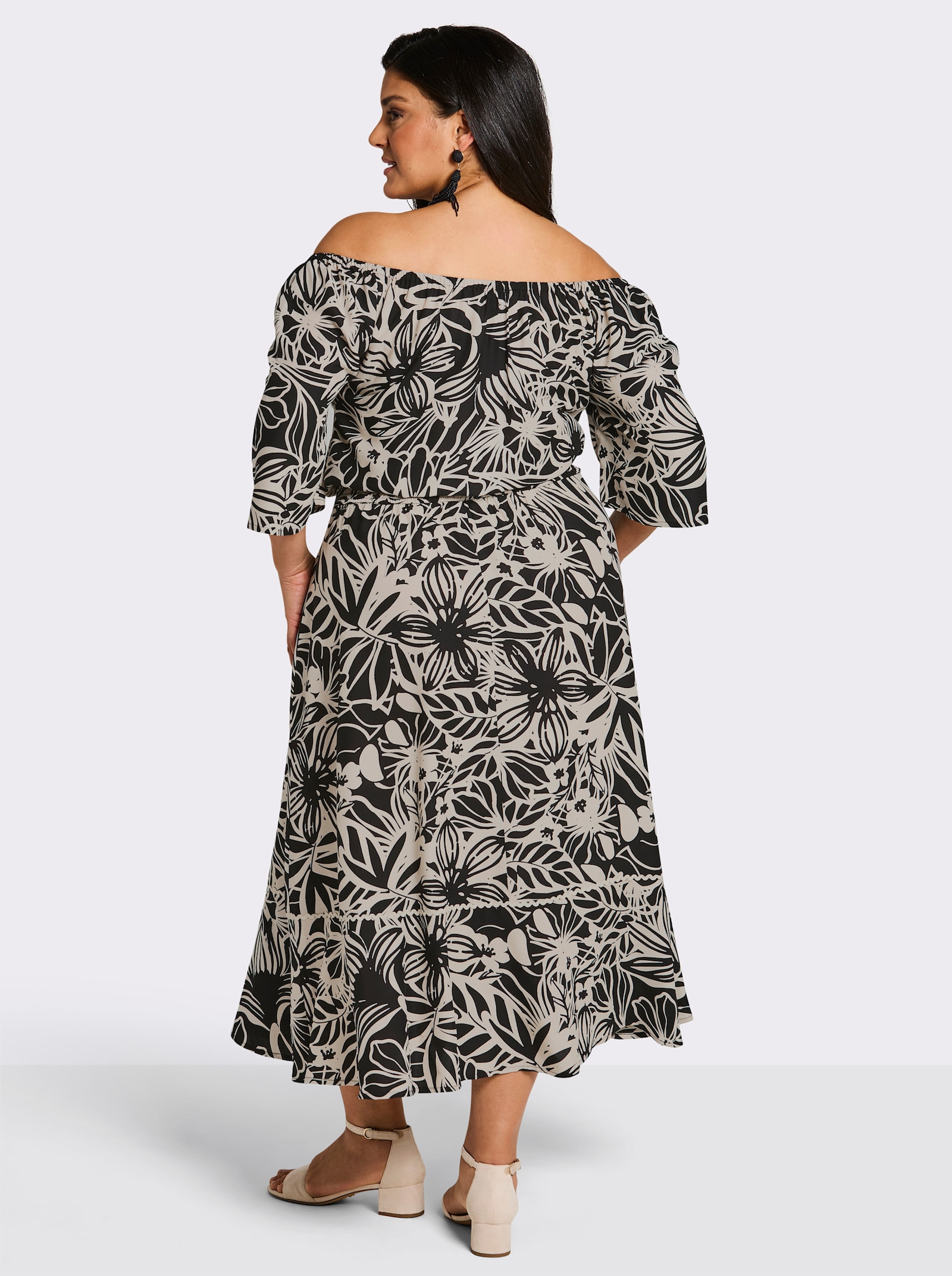 sheego Maxikleid mit floralem Alloverdruck - schwarz-sand-bedruckt