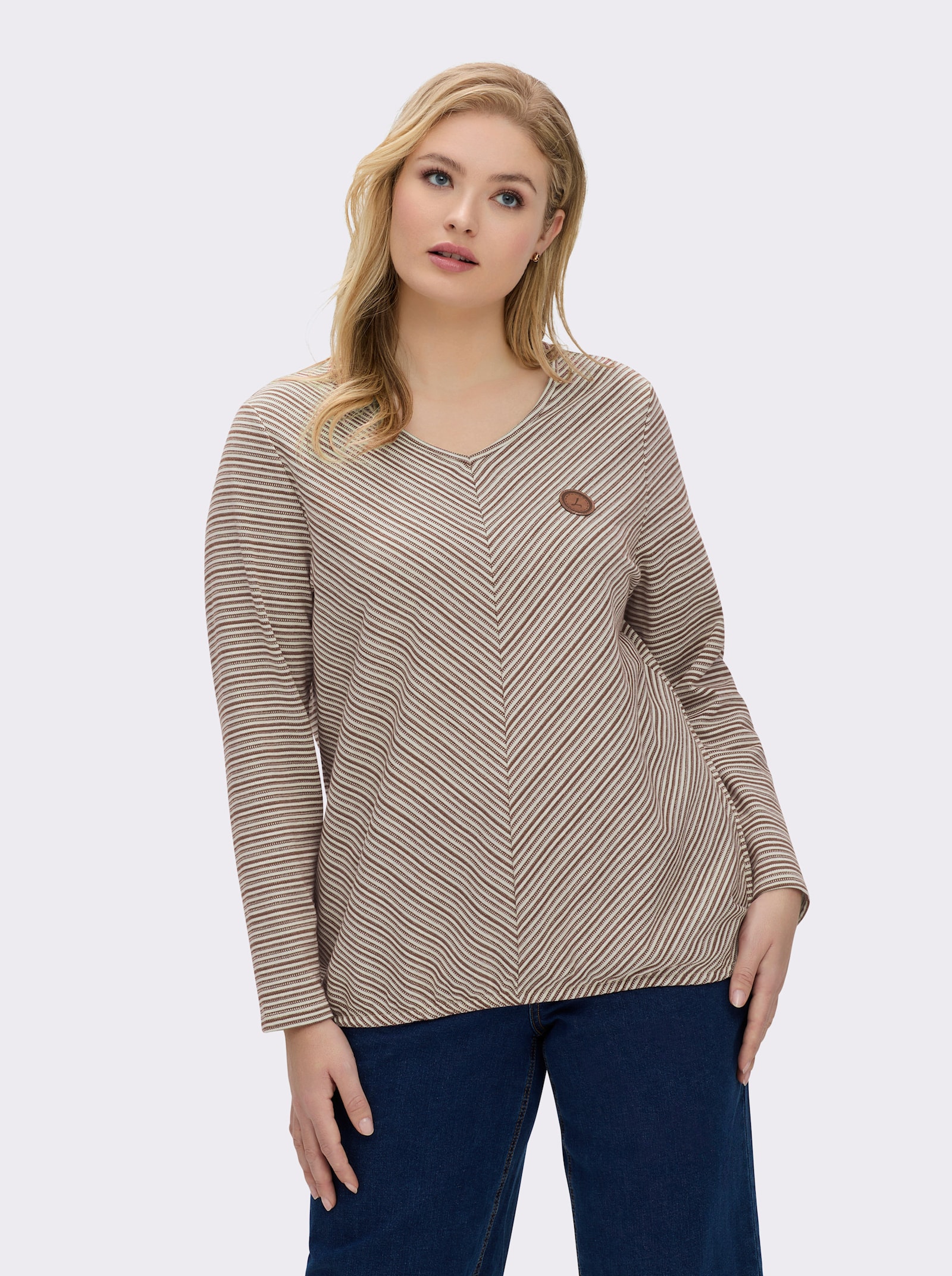 Langarmshirt mit elastischem Saum - braun-ecru-gemustert