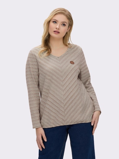 Langarmshirt mit elastischem Saum - braun-ecru-gemustert