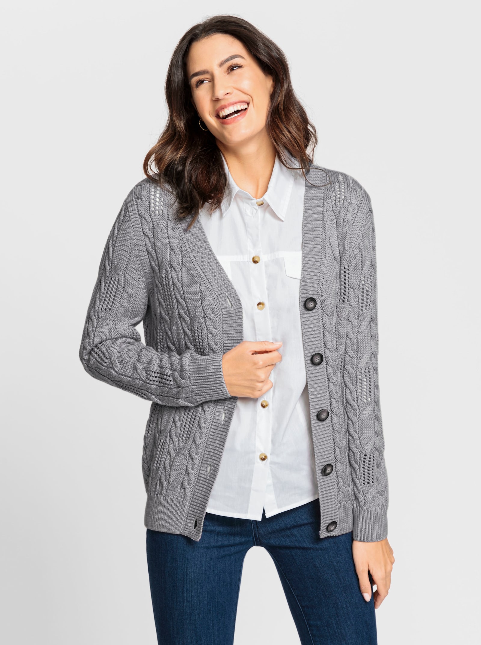 Strickjacke mit Ajourmuster - steingrau-meliert