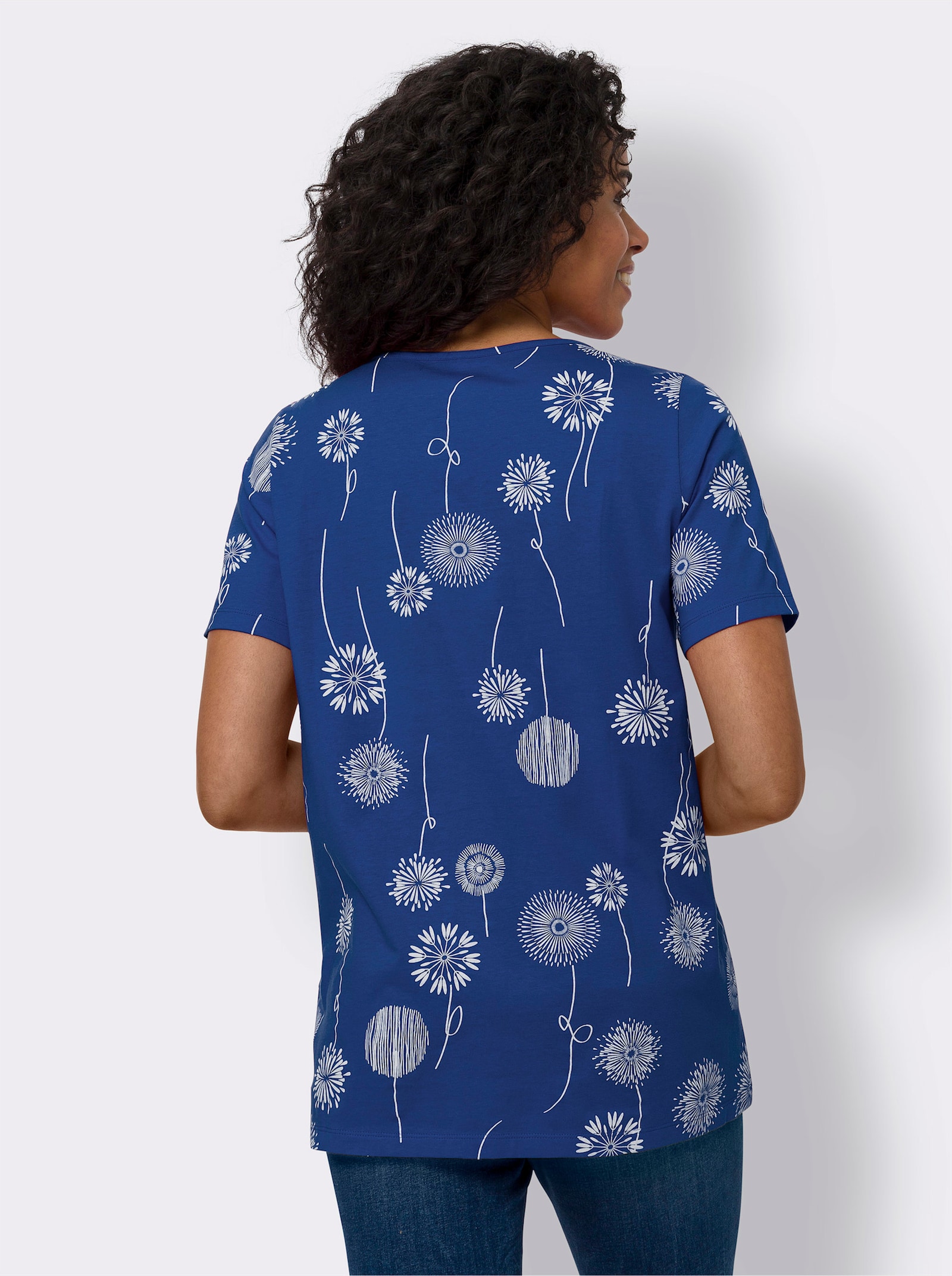 Lang shirt met paardenbloemensprint - koningsblauw/wit bedrukt