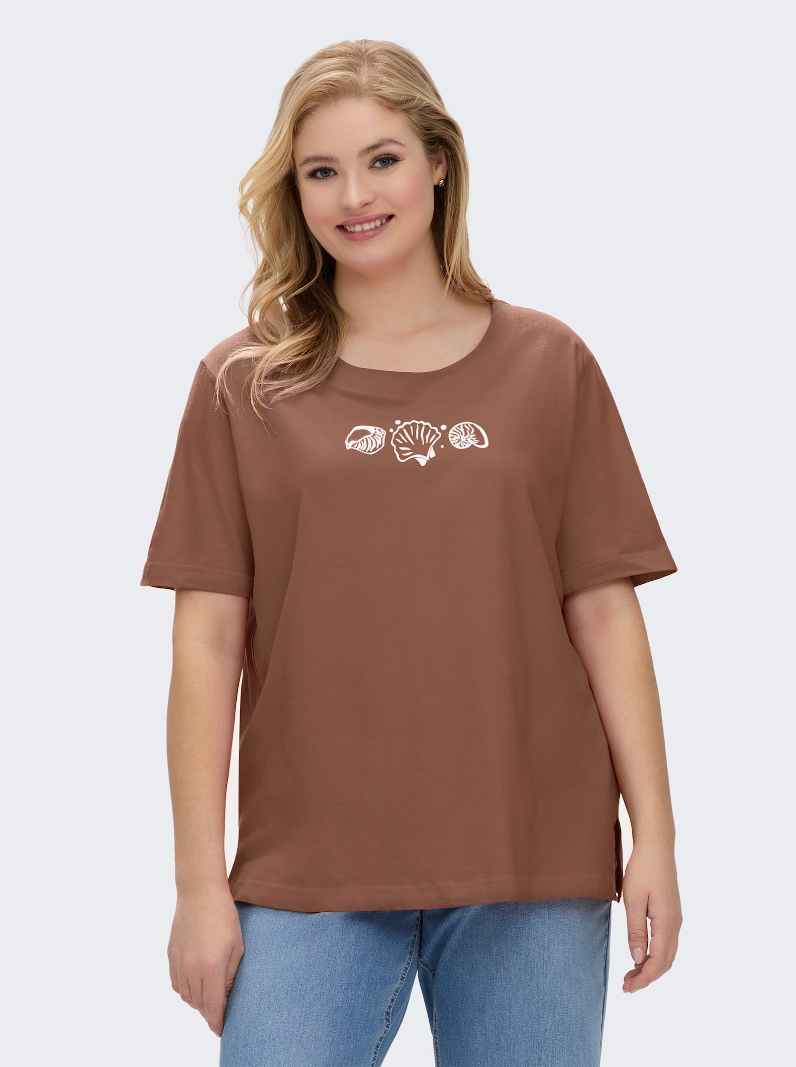 Kurzarmshirt mit Muschel-Druck - braun