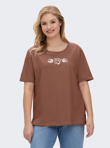 Kurzarmshirt mit Muschel-Druck - braun