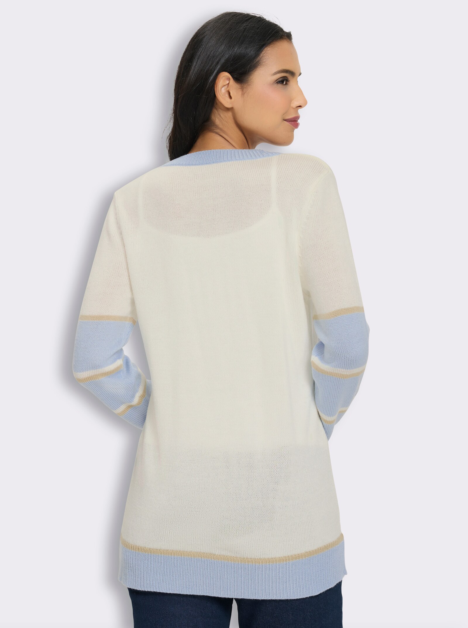 Longstrickjacke mit silberfarbenen Schmuckknöpfen - ecru-hellblau-gemustert